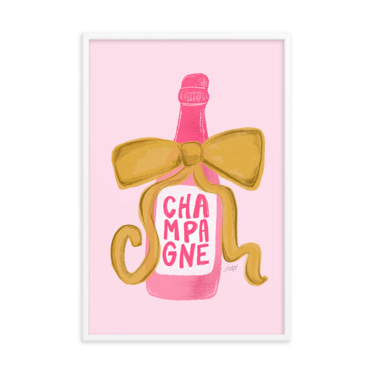 ribbon champagne bottle illustration pink gold art print framed high-quality wall art poster lindsey kay collective