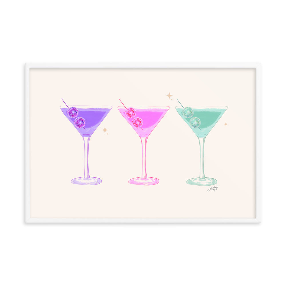 disco ball martini glass color illustration framed matte print wall art poster high-quality mirror-ball bar cart decor kitchen lindsey kay collective