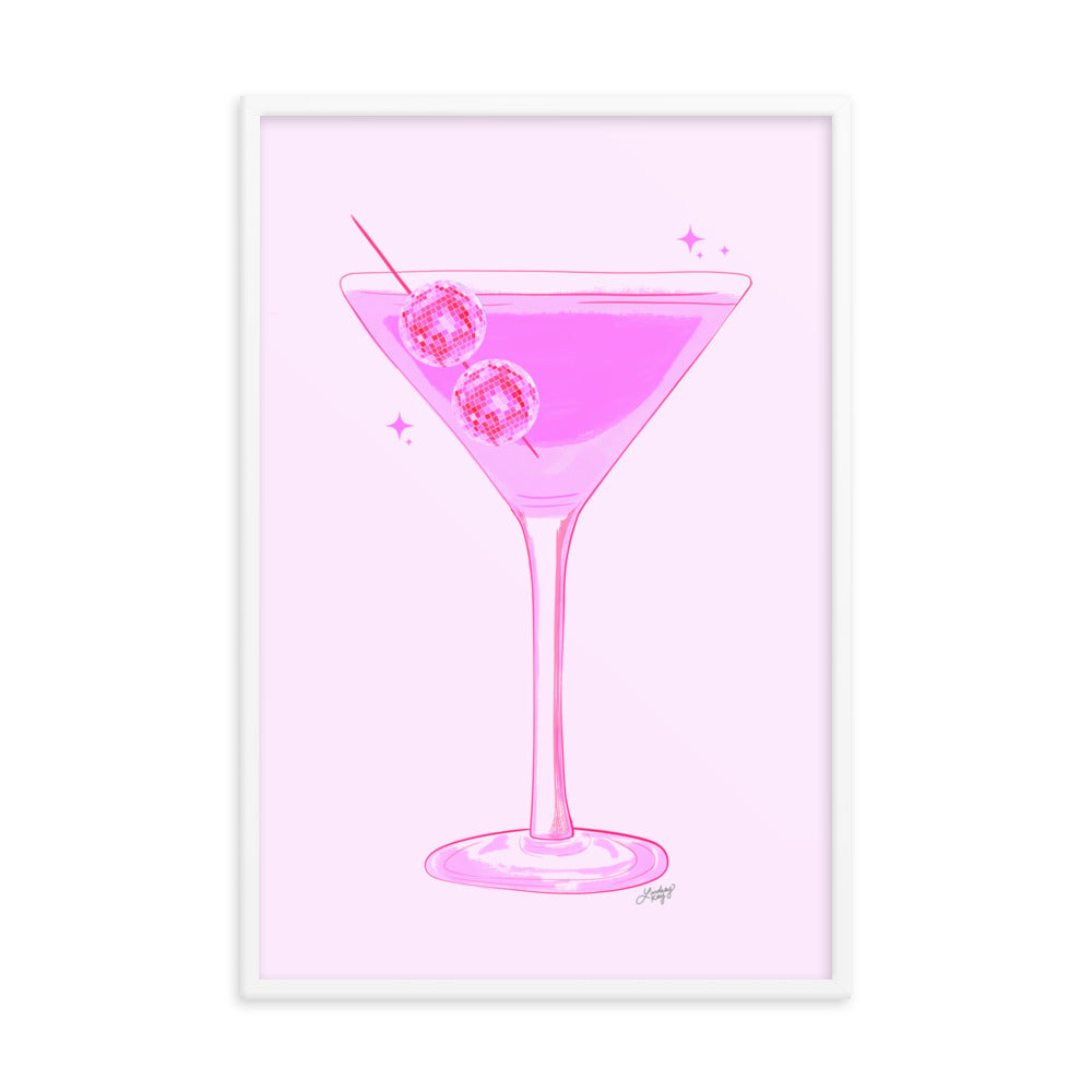 disco ball martini glass illustration mirror-ball framed art print artwork wall-art poster gallery-wall bar cart decor kitchen trendy cute alcohol pink lindsey kay collective