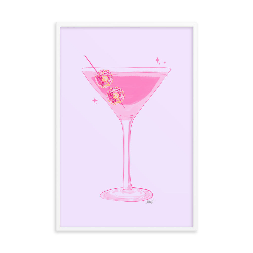 Framed hand-illustrated retro disco ball martini glass print on matte paper, available in white, black, or brown wood frame, ready to hang. Perfect for your bar cart!