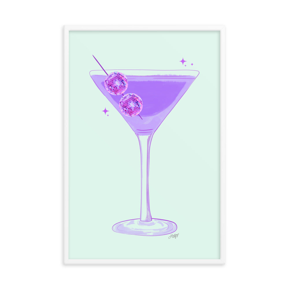 disco ball martini glass illustration mirror-ball framed art print artwork wall-art poster gallery-wall bar cart decor kitchen trendy cute purple green alcohol lindsey kay collective