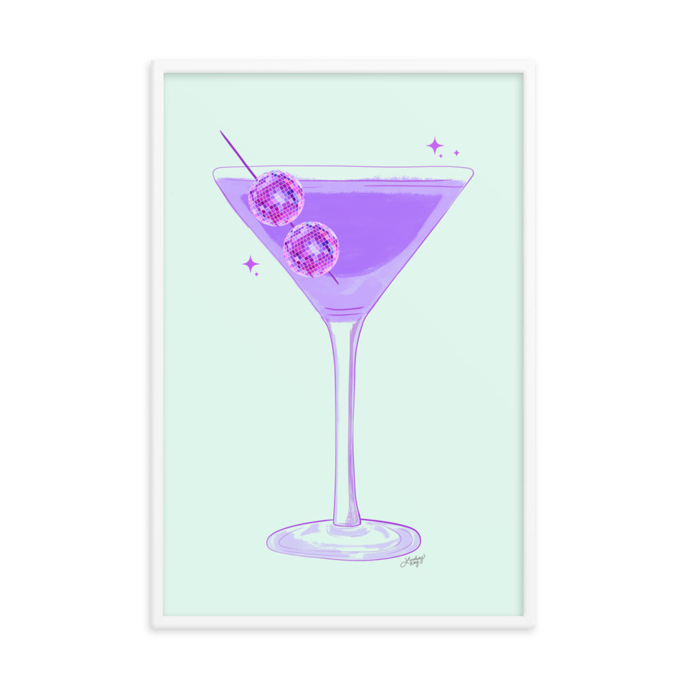 Framed hand-illustrated retro disco ball martini glass print on matte paper, available in white, black, or brown wood frame, ready to hang. Perfect for your bar cart!