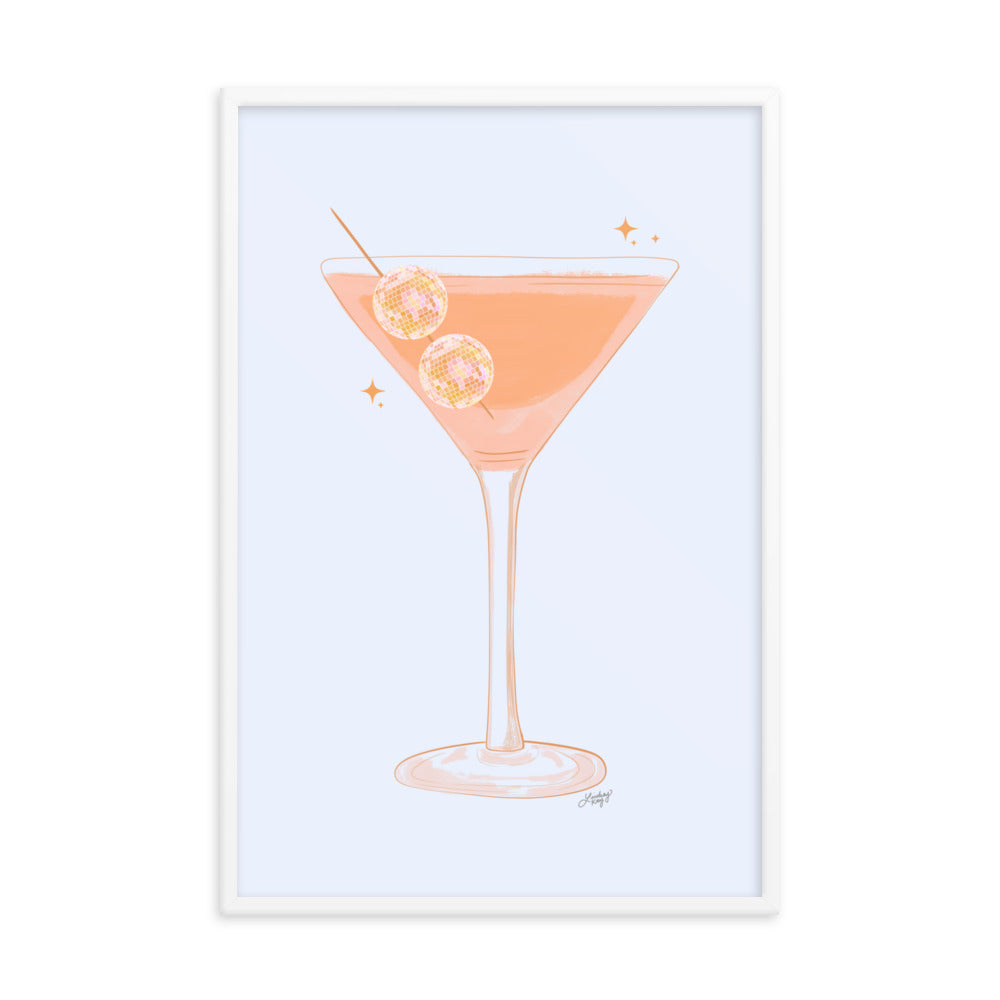 Framed hand-illustrated retro disco ball martini glass print on matte paper, available in white, black, or brown wood frame, ready to hang. Perfect for your bar cart!