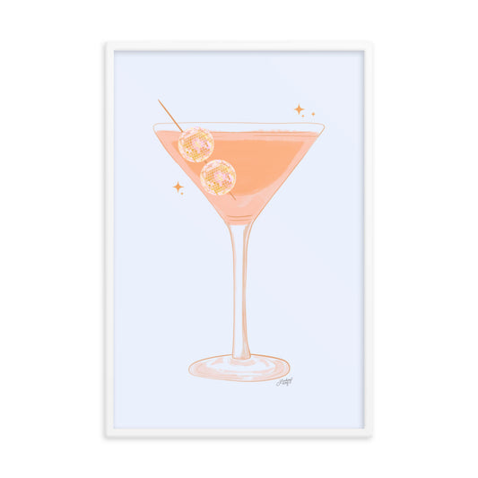 Framed hand-illustrated retro disco ball martini glass print on matte paper, available in white, black, or brown wood frame, ready to hang. Perfect for your bar cart!