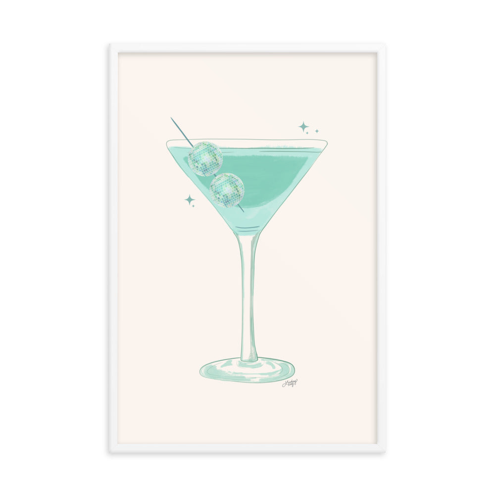 disco ball martini glass illustration mirror-ball framed art print artwork wall-art poster gallery-wall bar cart decor kitchen trendy cute green alcohol lindsey kay collective