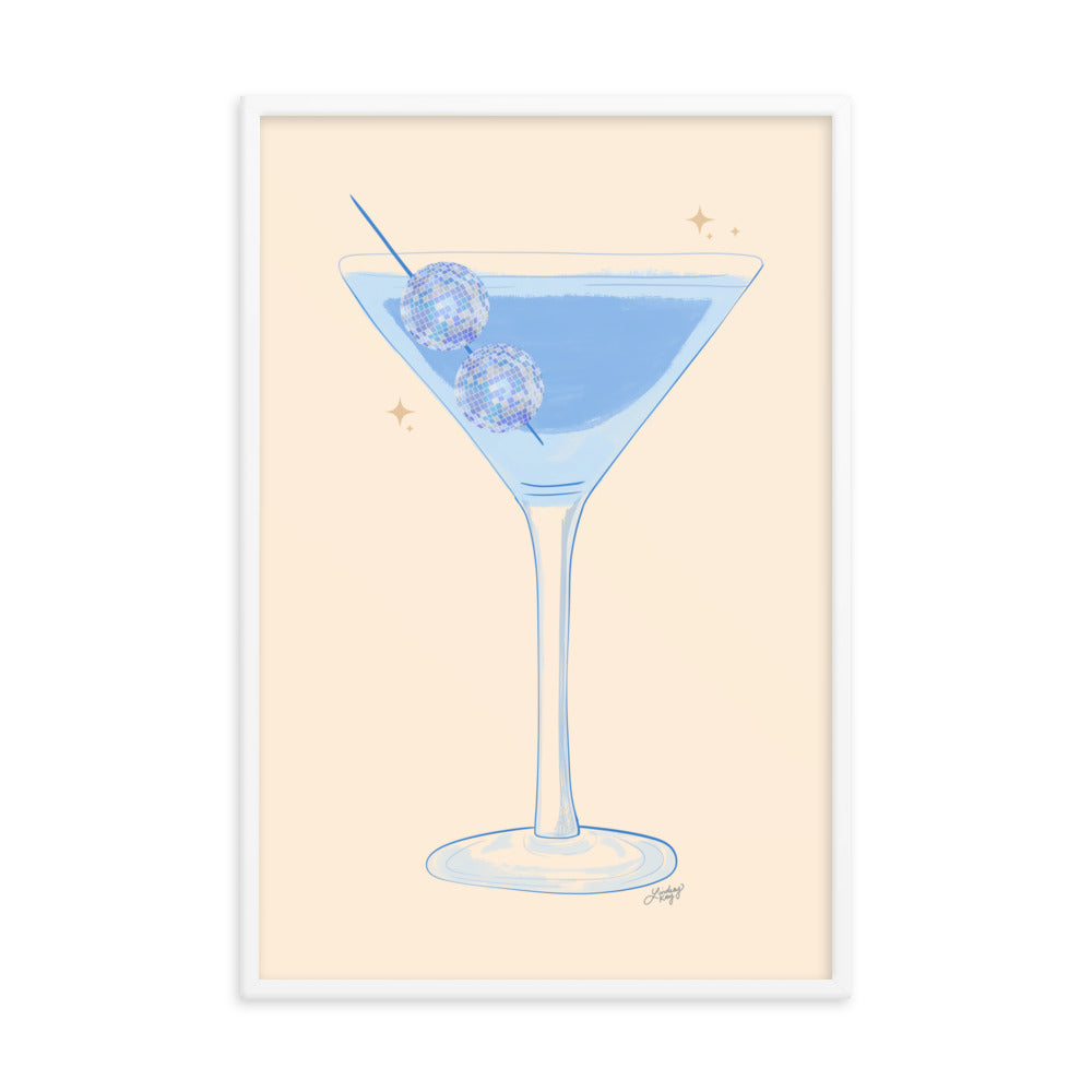 disco ball martini glass illustration mirror-ball framed art print artwork wall-art poster gallery-wall bar cart decor kitchen trendy cute alcohol lindsey kay collective blue
