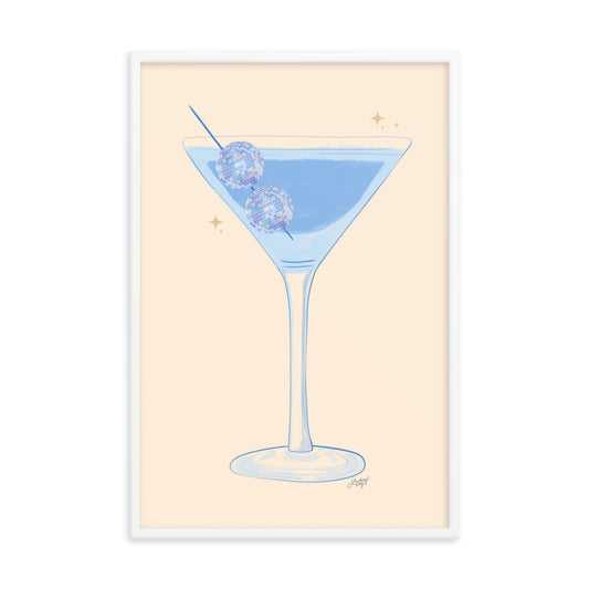 disco ball martini glass illustration mirror-ball framed art print artwork wall-art poster gallery-wall bar cart decor kitchen trendy cute alcohol lindsey kay collective blue