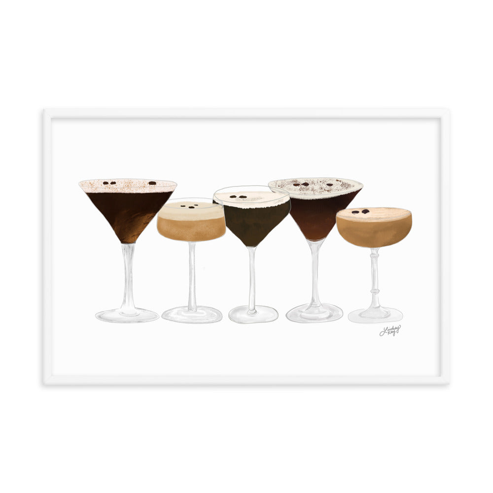 
"Espresso martini art print featuring five stylish cocktail glasses with coffee beans, perfect wall decor for bar cart, kitchen, or cocktail lounge – modern drink illustration