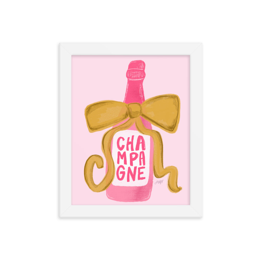 Ribbon Champagne Bottle Illustration - Framed Matte Print