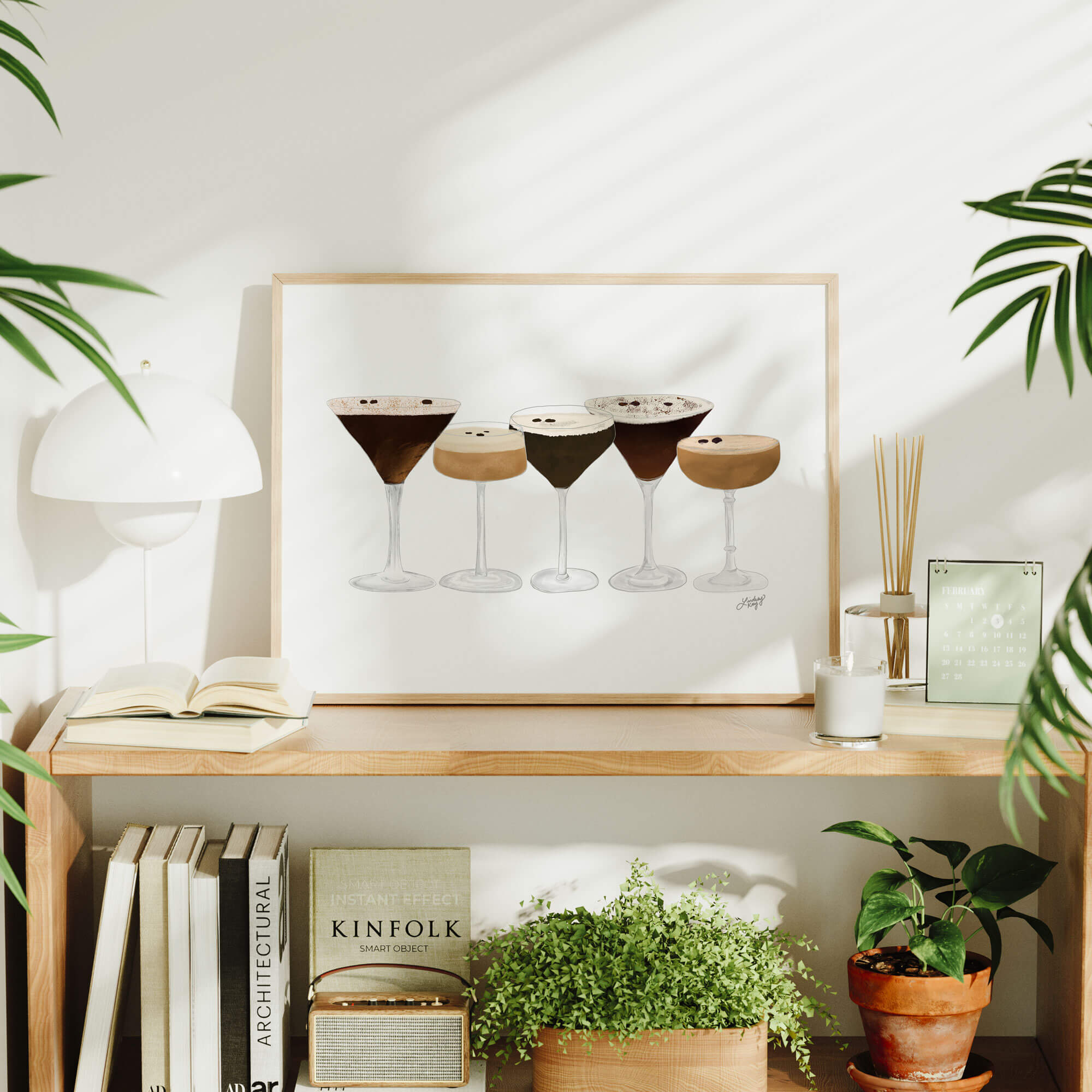 Hand-drawn espresso martini art print by Lindsey Kay Collective – available in classic style without ribbons or girly style with ribbons – cocktail wall art perfect for bar carts, kitchens, or gallery walls – printed on enhanced matte paper with vibrant inks – available in 10 sizes