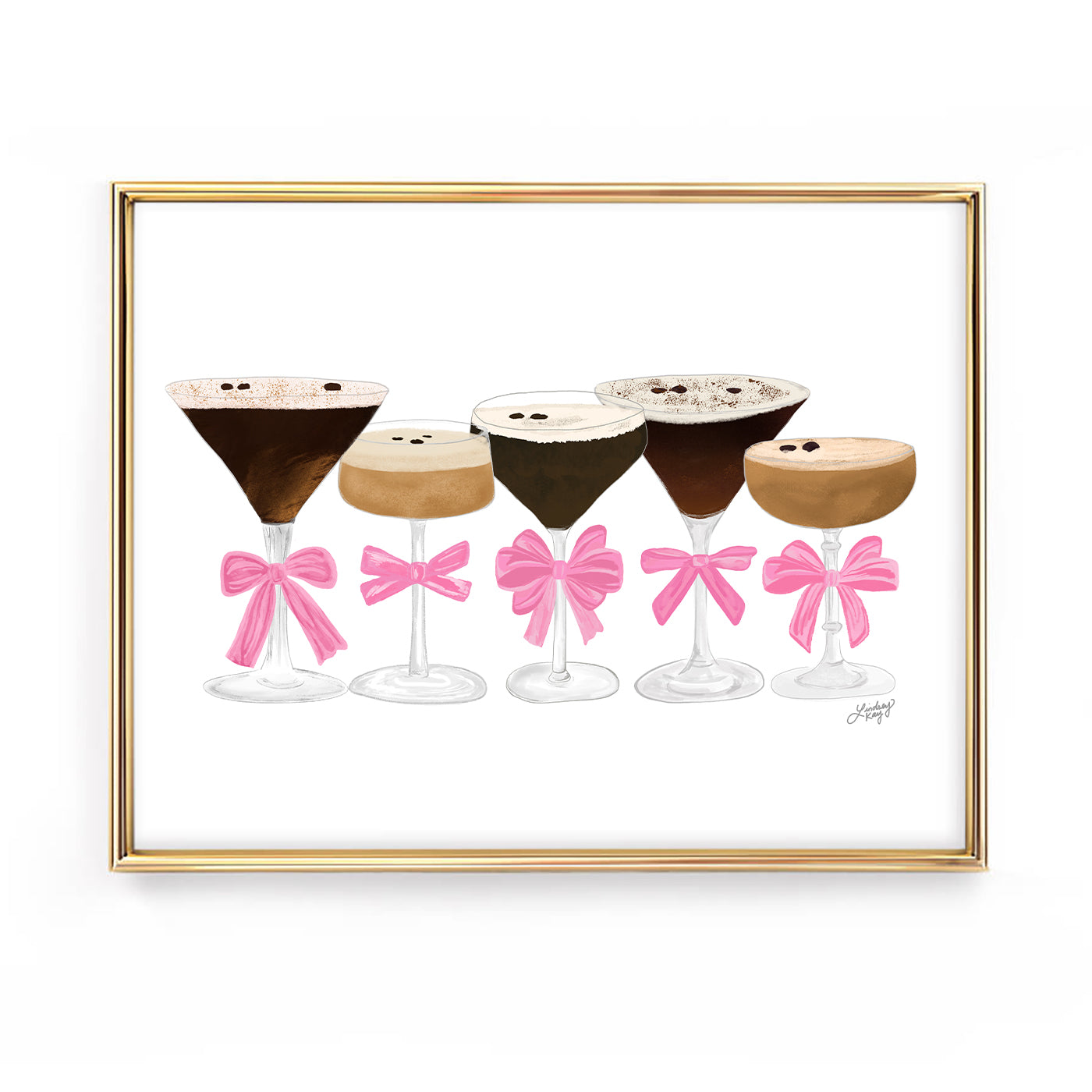 Hand-drawn espresso martini art print by Lindsey Kay Collective – available in classic style without ribbons or girly style with ribbons – cocktail wall art perfect for bar carts, kitchens, or gallery walls – printed on enhanced matte paper with vibrant inks – available in 10 sizes
