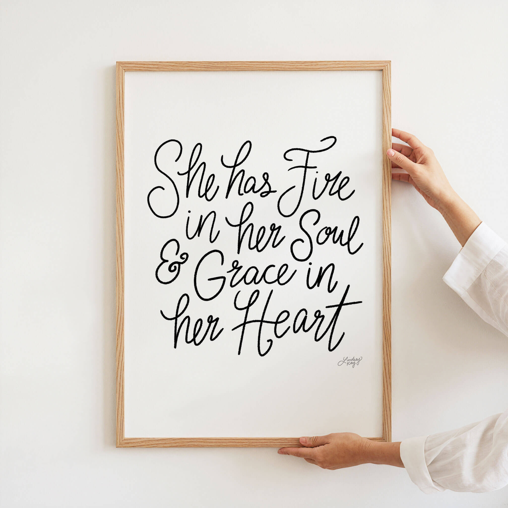 Hand-lettered She Has Grace in Her Heart and Fire in Her Soul art print by Lindsey Kay Collective – inspirational black and white wall art – perfect for nurseries, female office decor, dorm rooms, or empowering gallery walls – printed on enhanced matte paper with vibrant inks – available in 10 sizes