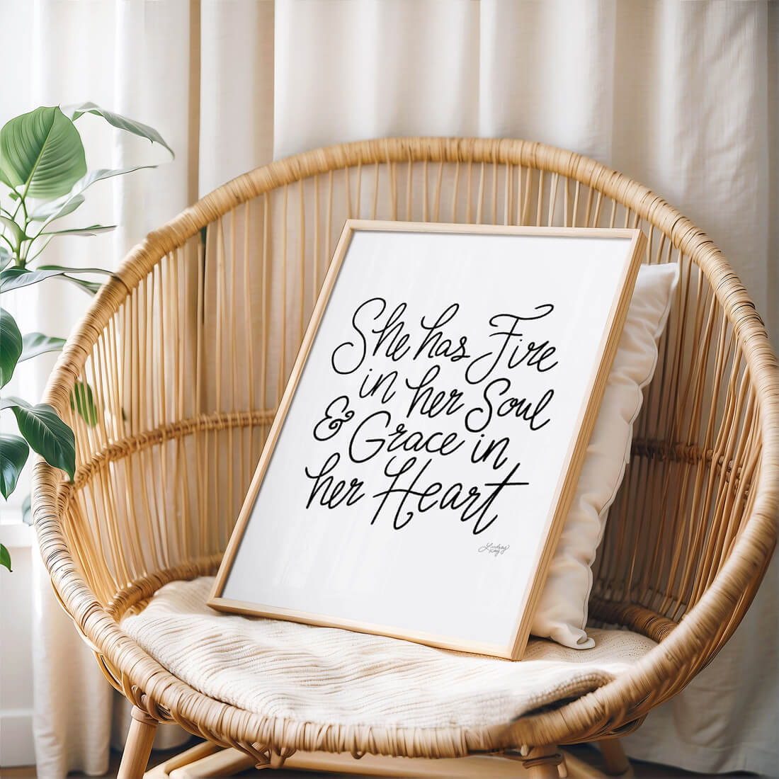 Hand-lettered She Has Grace in Her Heart and Fire in Her Soul art print by Lindsey Kay Collective – inspirational black and white wall art – perfect for nurseries, female office decor, dorm rooms, or empowering gallery walls – printed on enhanced matte paper with vibrant inks – available in 10 sizes