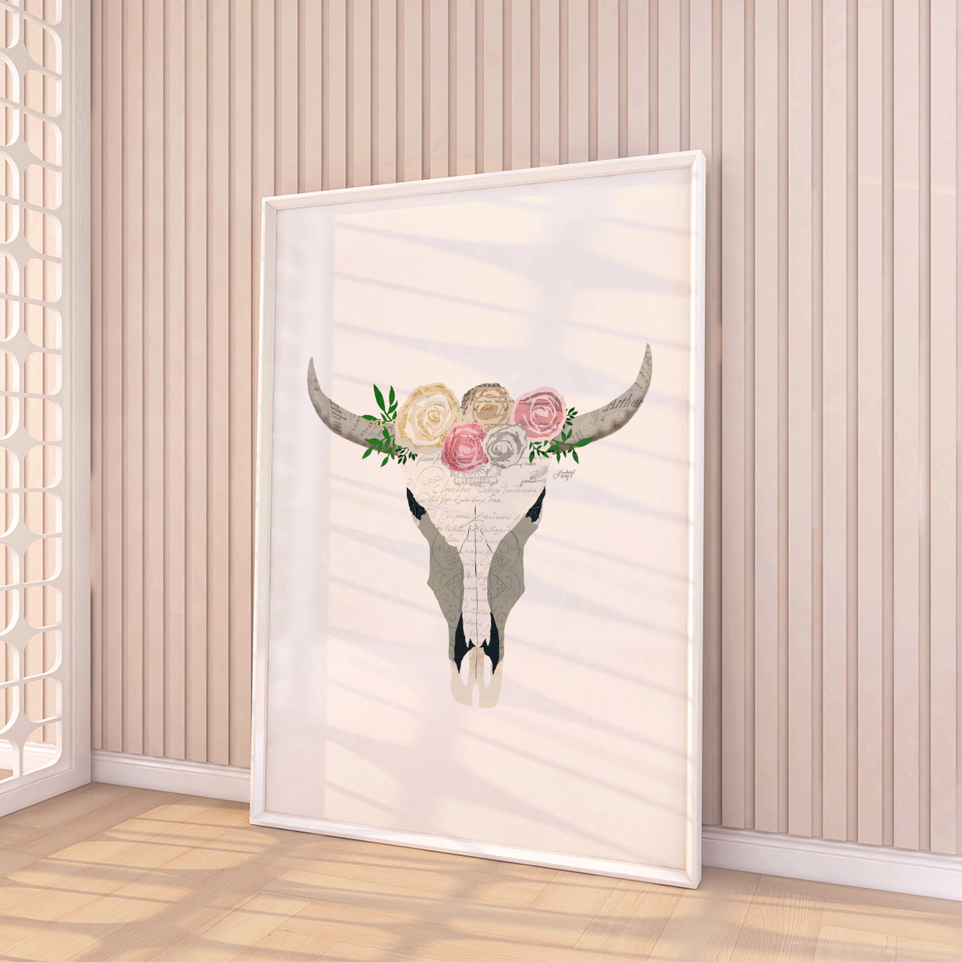Collage de crâne de vache à fleurs - Impression d’art