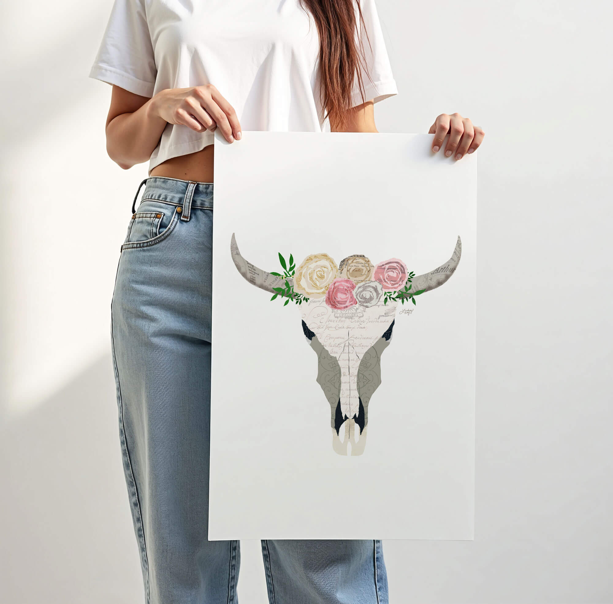 Collage de cráneo de vaca de flores - Impresión de arte