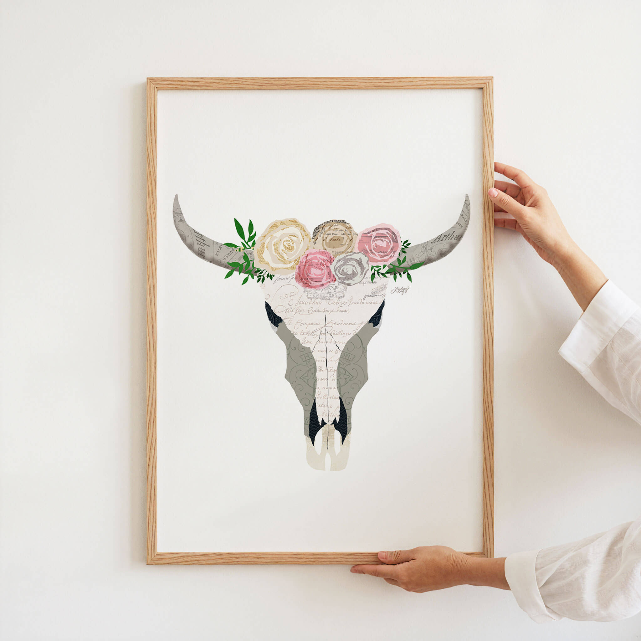 Hand-illustrated western cow skull with pink flowers art print by Lindsey Kay Collective – rustic cowgirl wall decor – perfect for dorm rooms, country homes, or western gallery walls – printed on enhanced matte paper with vibrant inks – available in 10 sizes