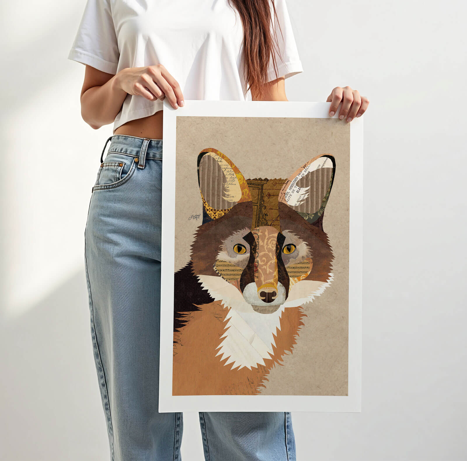 Woodland fox collage art print by Lindsey Kay Collective – abstract animal portrait created from vintage paper – rustic wildlife wall art for cabins, nurseries, or gallery walls – printed on enhanced matte paper with vibrant inks – available in multiple sizes