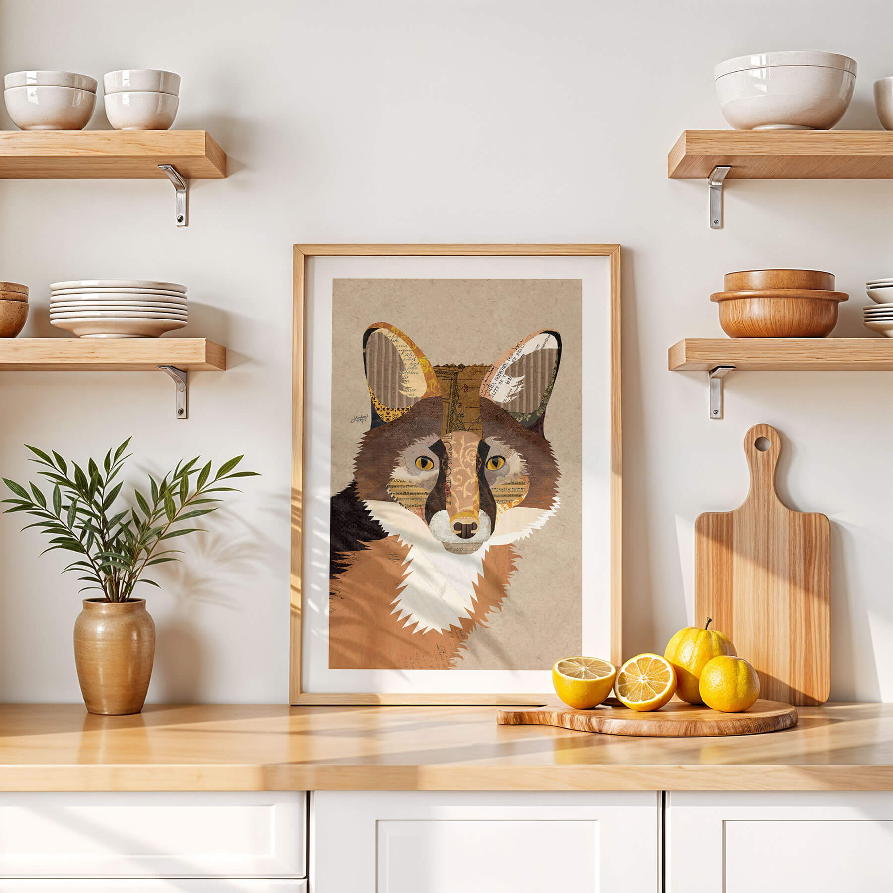 Woodland fox collage art print by Lindsey Kay Collective – abstract animal portrait created from vintage paper – rustic wildlife wall art for cabins, nurseries, or gallery walls – printed on enhanced matte paper with vibrant inks – available in multiple sizes