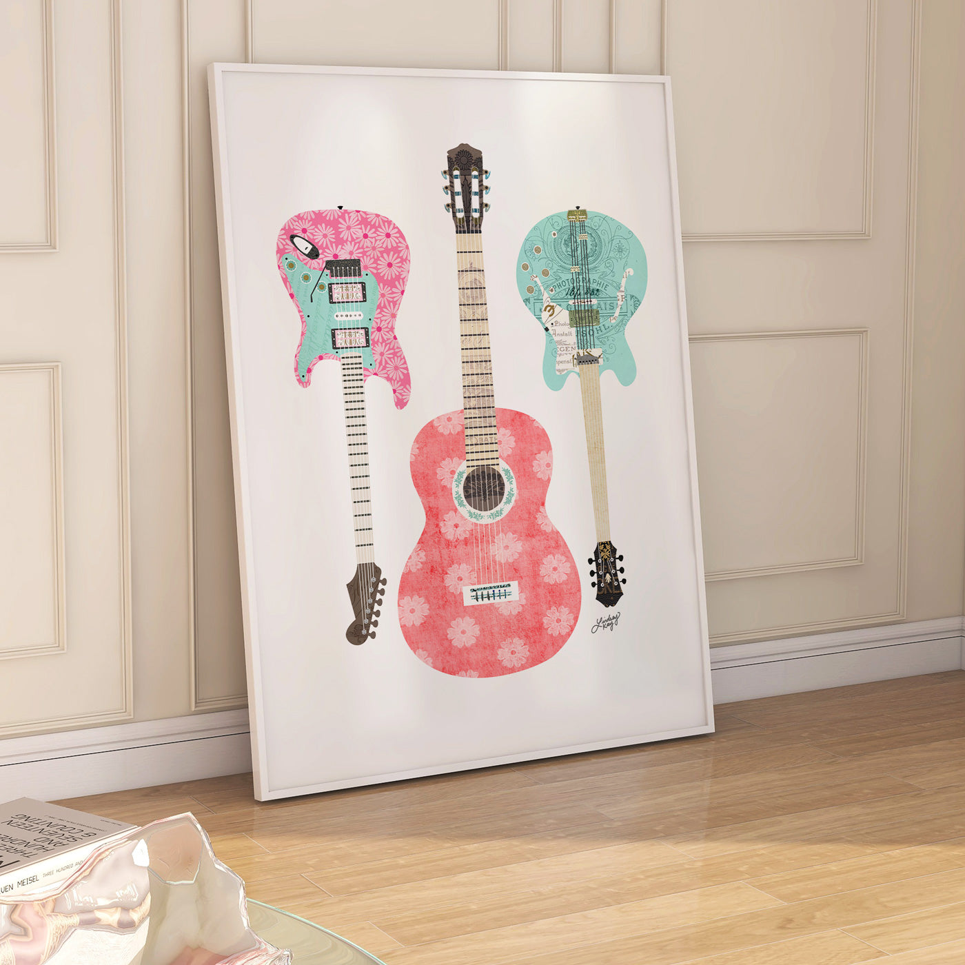 Retro guitar collage art print by Lindsey Kay Collective – digital mixed media artwork created with vintage found paper – available in three color palettes – perfect for music lovers, musicians, gallery walls, or first apartments – printed on enhanced matte paper with vibrant inks – available in 10 sizes