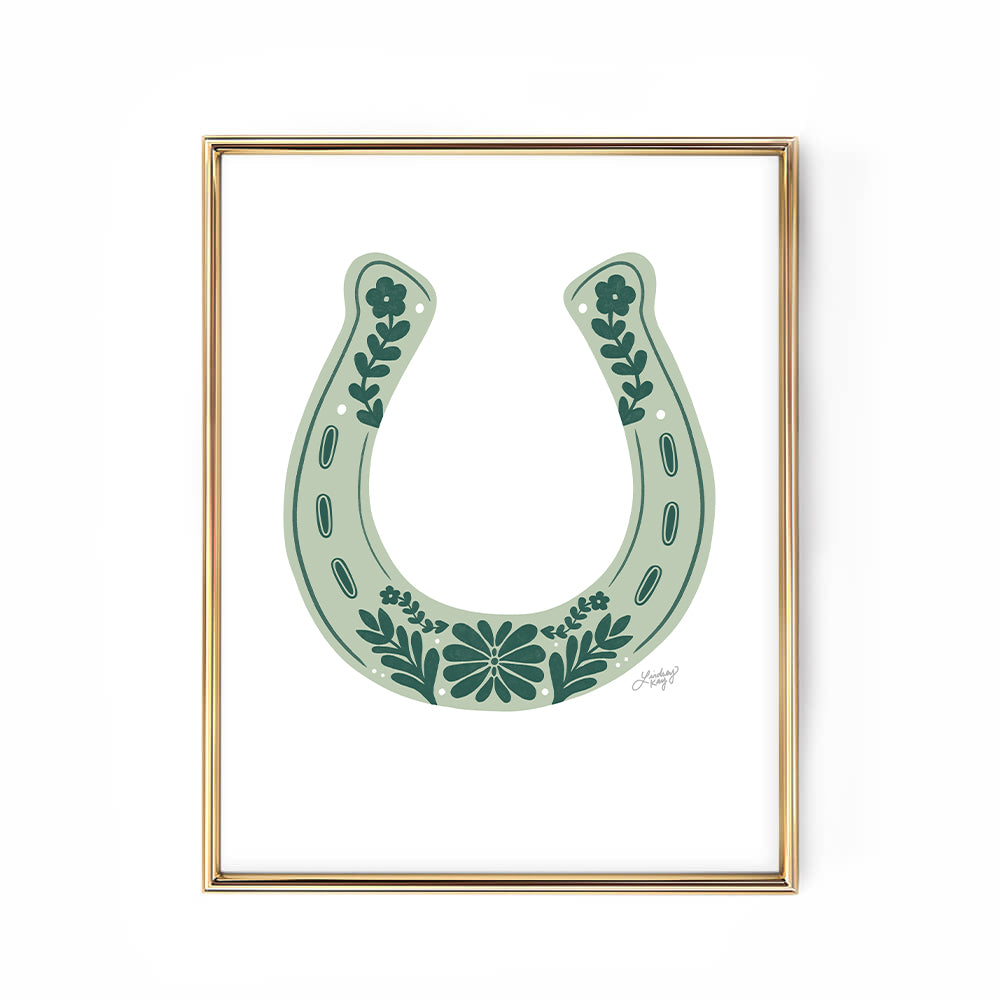 green horseshoe illustration floral western art print poster wall art decor country cute lindsey kay collective