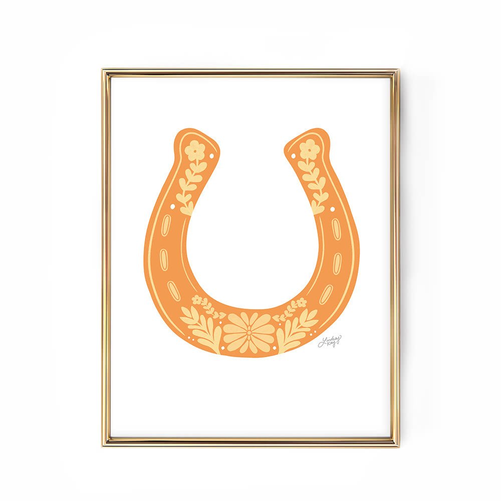 orange yellow horseshoe illustration floral western art print poster wall art decor country cute lindsey kay collective