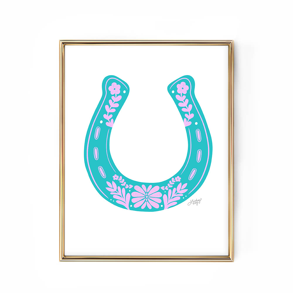 turquoise pink horseshoe illustration floral western art print poster wall art decor country cute lindsey kay collective