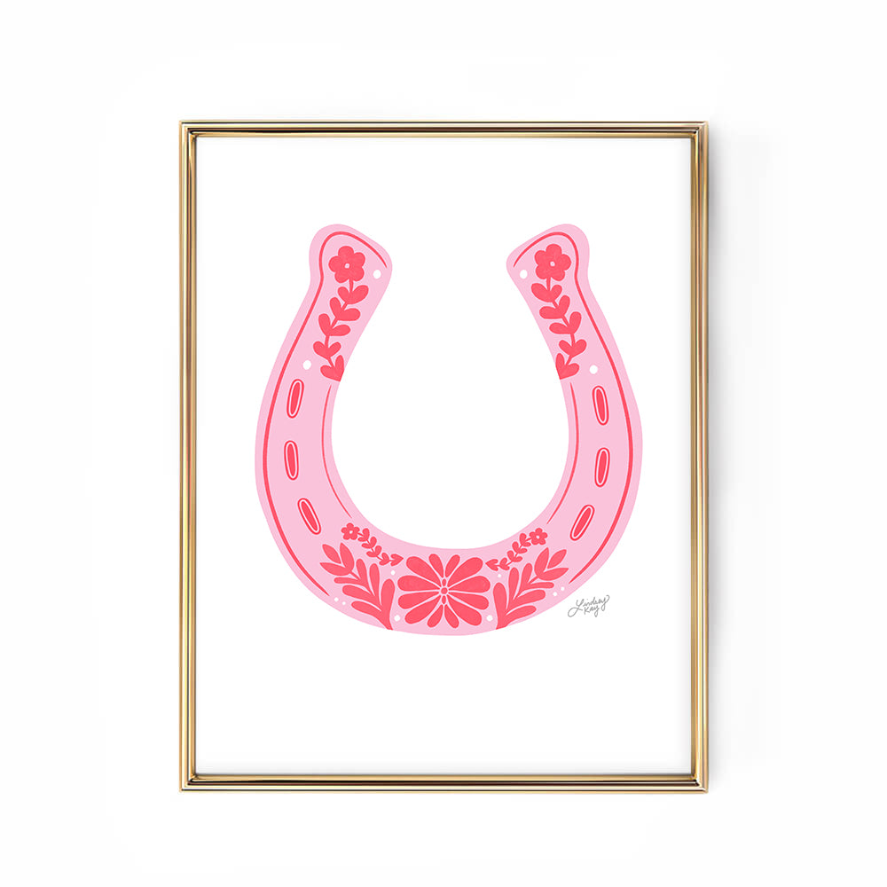 pink floral horseshoe illustration design art print poster wall art western country decor lindsey kay collective