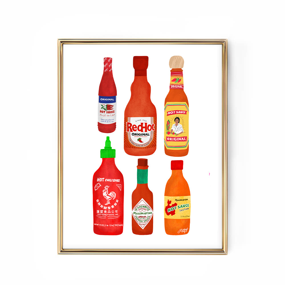 Illustration de bouteilles de sauce piquante - Tirage d'art