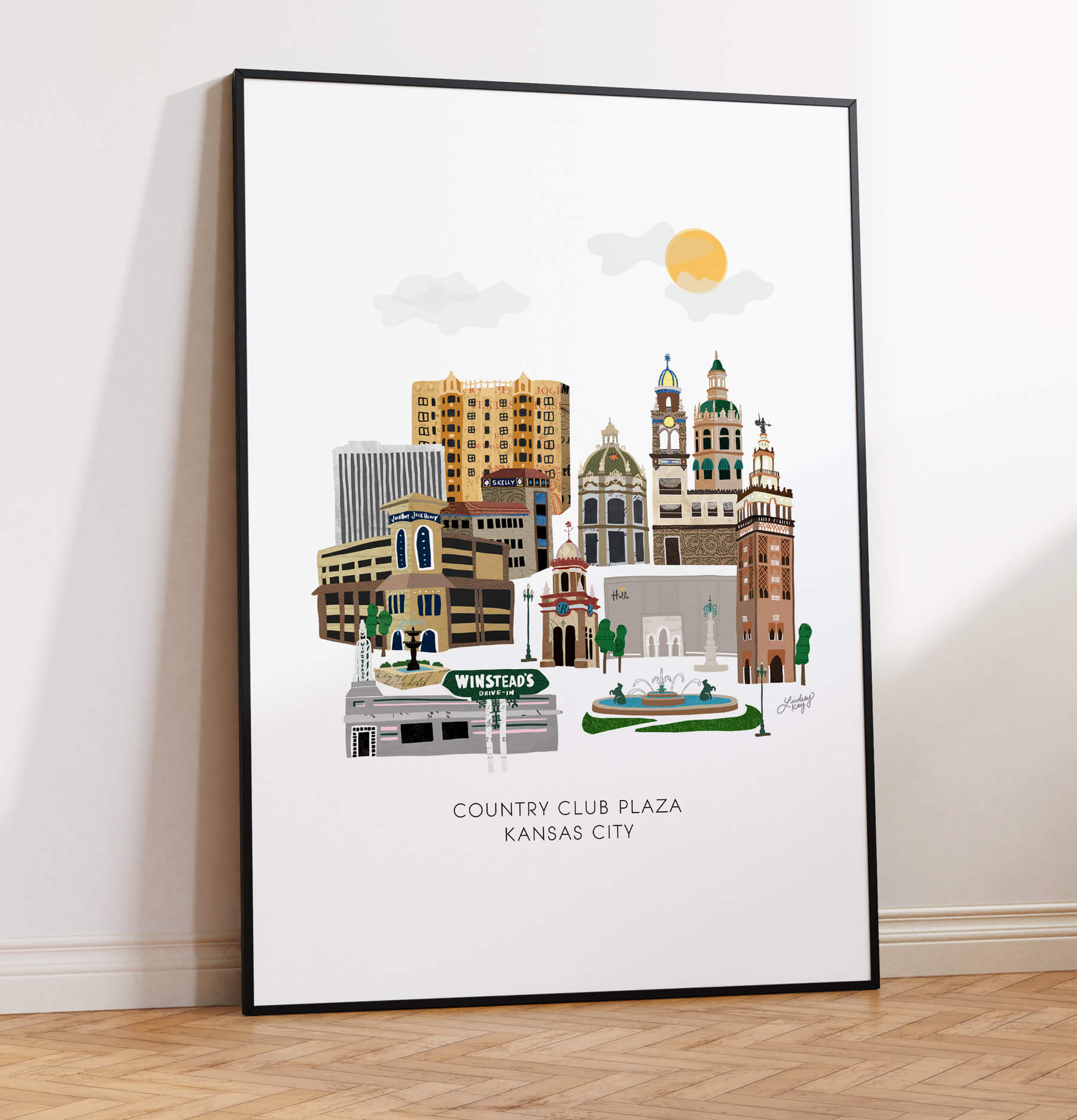 Hand-drawn Kansas City Country Club Plaza skyline art print by Lindsey Kay Collective – detailed cityscape illustration of historic Kansas City landmark – perfect for KC homes, offices, or gallery walls – printed on enhanced matte paper with vibrant inks – available in multiple sizes