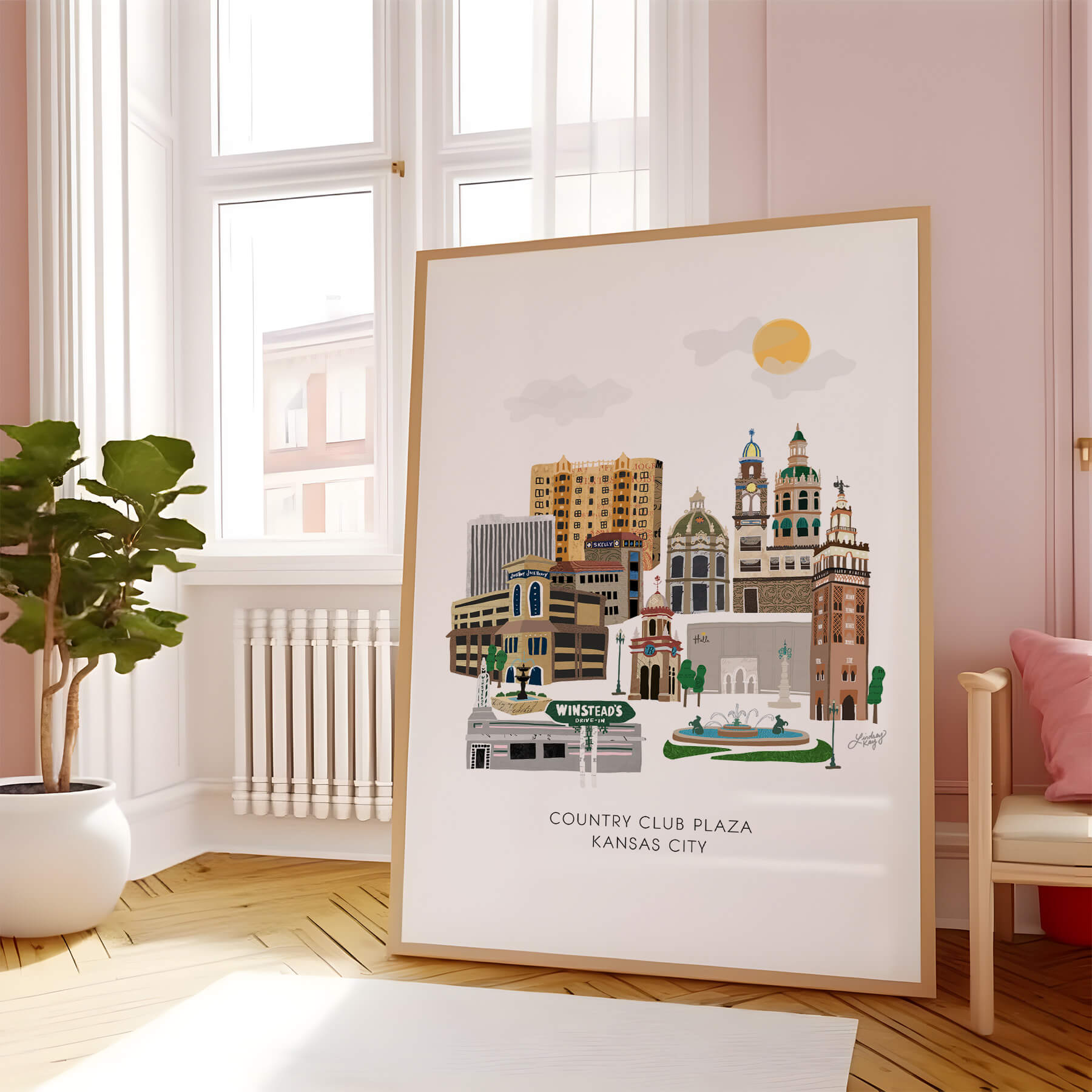 Hand-drawn Kansas City Country Club Plaza skyline art print by Lindsey Kay Collective – detailed cityscape illustration of historic Kansas City landmark – perfect for KC homes, offices, or gallery walls – printed on enhanced matte paper with vibrant inks – available in multiple sizes