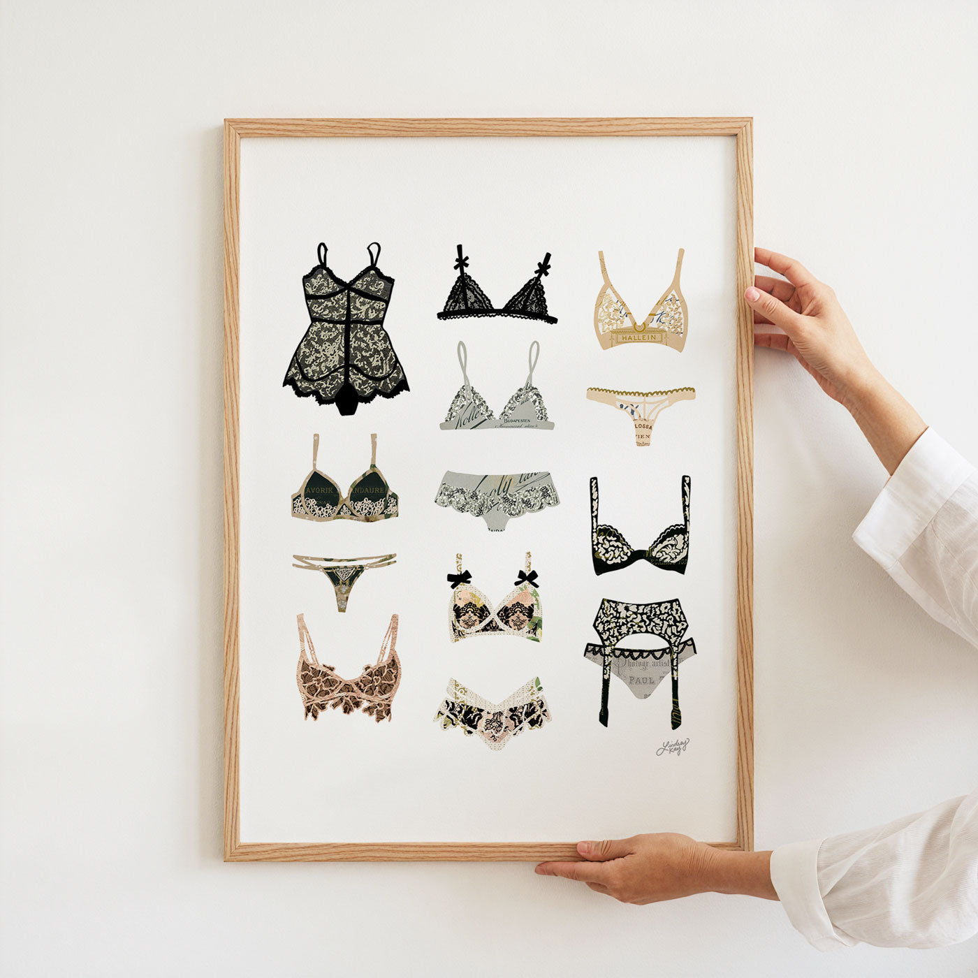 Hand drawn lingerie collage art print by Lindsey Kay Collective. Features a collection of stylish and sexy illustrated lingerie pieces. Printed on enhanced matte paper, available in multiple sizes. Perfect for bedroom, vanity, or fashion-forward gallery walls.