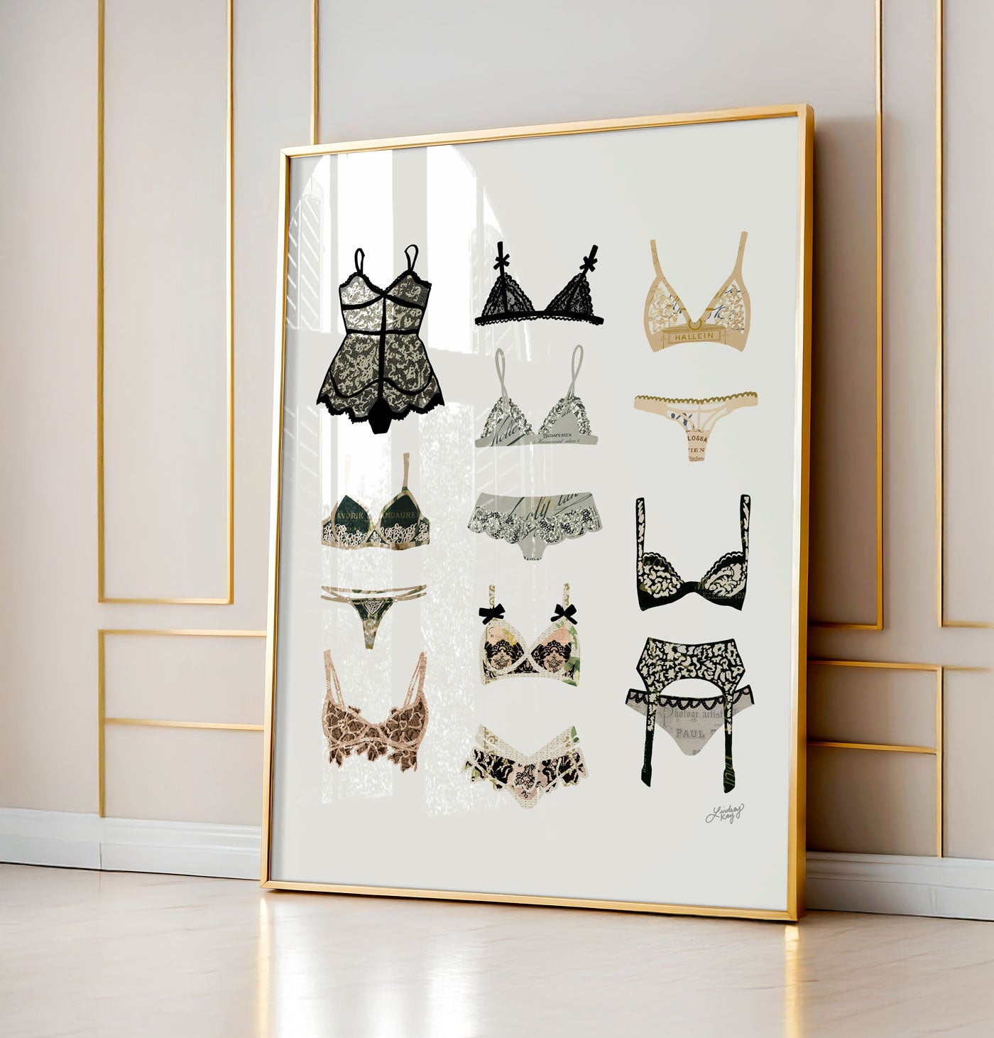 Hand drawn lingerie collage art print by Lindsey Kay Collective. Features a collection of stylish and sexy illustrated lingerie pieces. Printed on enhanced matte paper, available in multiple sizes. Perfect for bedroom, vanity, or fashion-forward gallery walls.