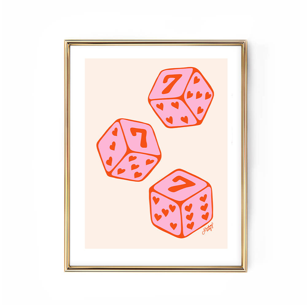 Lucky 777 art print with hand-drawn pink heart dice, retro Vegas-style wall decor on matte paper