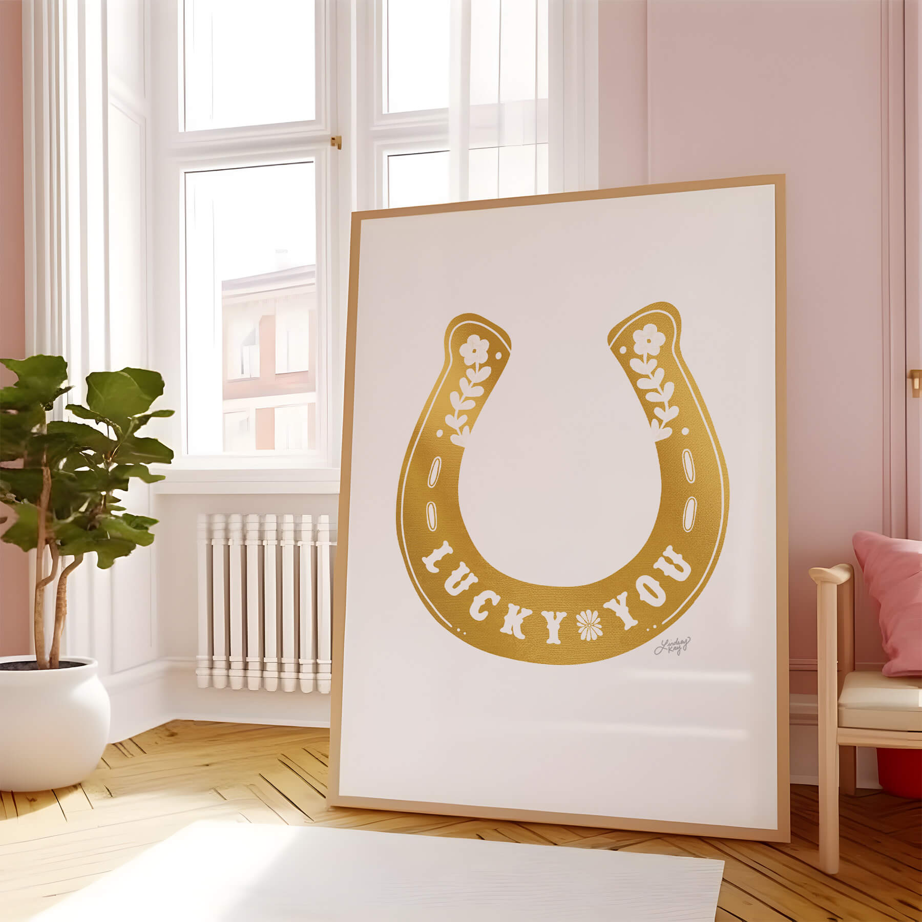 Hand-illustrated floral horseshoe Lucky You art print by Lindsey Kay Collective – western cowgirl wall art for sorority rooms, gallery walls, or boho western decor – available in turquoise, pink, and gold – printed on enhanced matte paper with vibrant inks – available in 10 sizes
