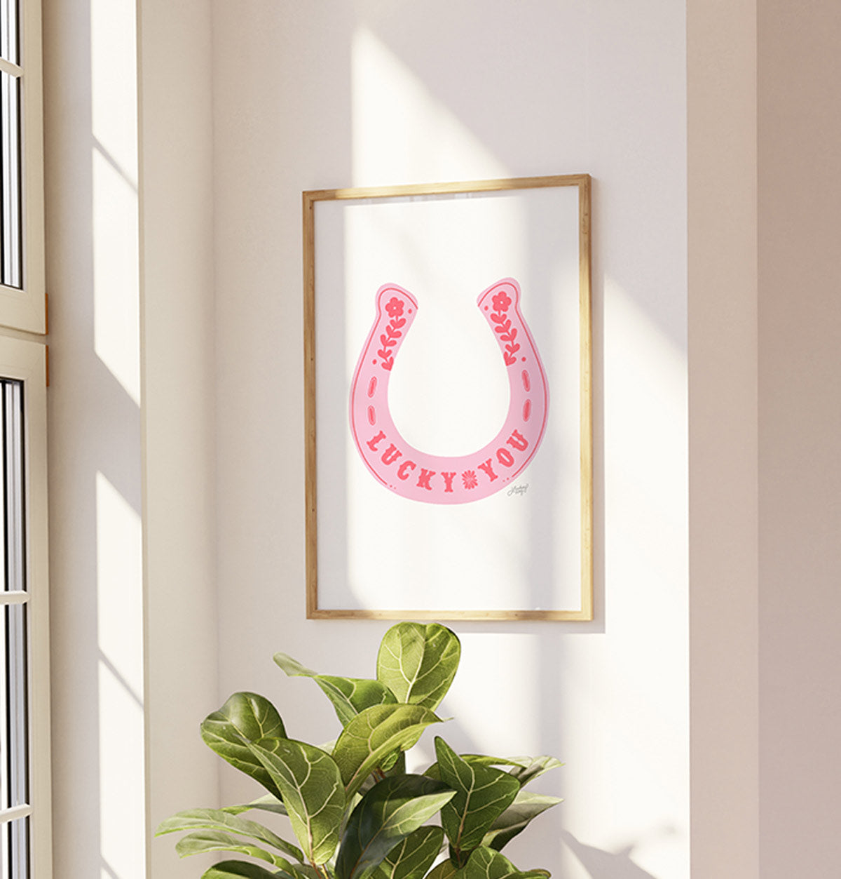 Hand-illustrated floral horseshoe Lucky You art print by Lindsey Kay Collective – western cowgirl wall art for sorority rooms, gallery walls, or boho western decor – available in turquoise, pink, and gold – printed on enhanced matte paper with vibrant inks – available in 10 sizes
