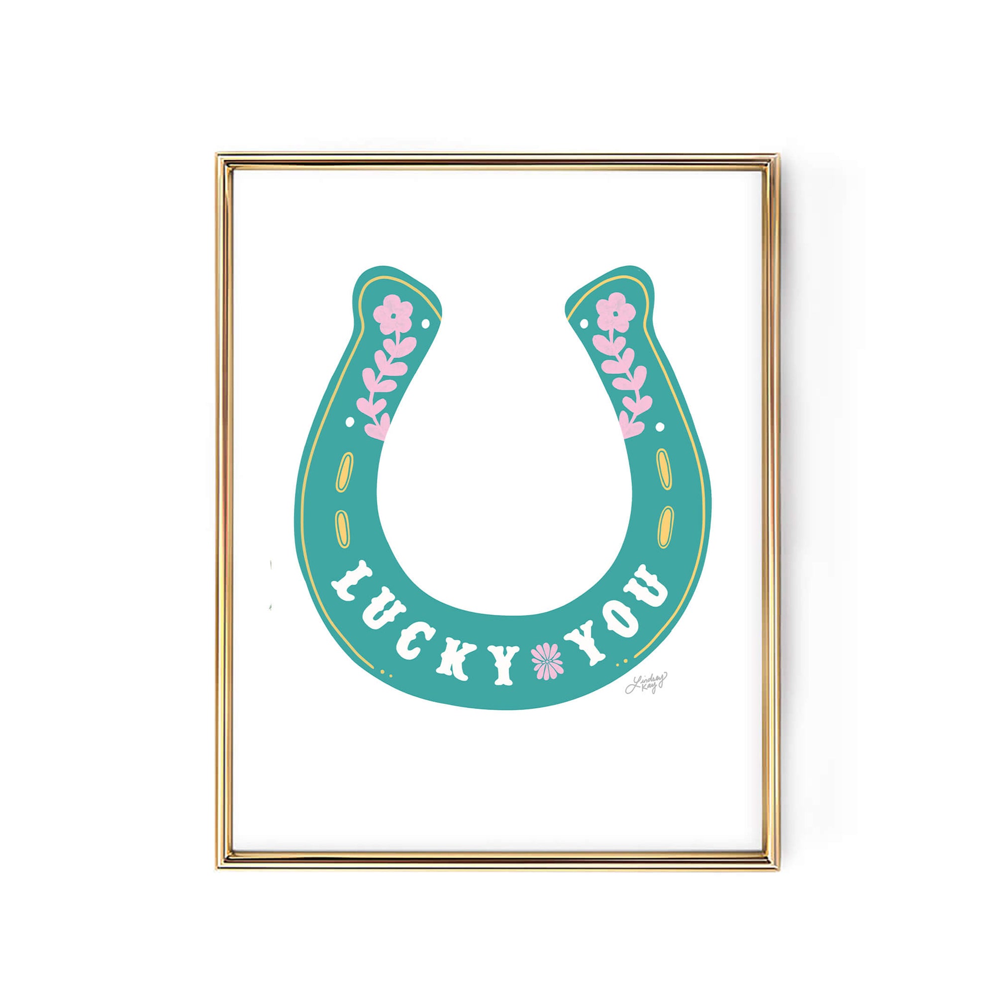 Hand-illustrated floral horseshoe Lucky You art print by Lindsey Kay Collective – western cowgirl wall art for sorority rooms, gallery walls, or boho western decor – available in turquoise, pink, and gold – printed on enhanced matte paper with vibrant inks – available in 10 sizes