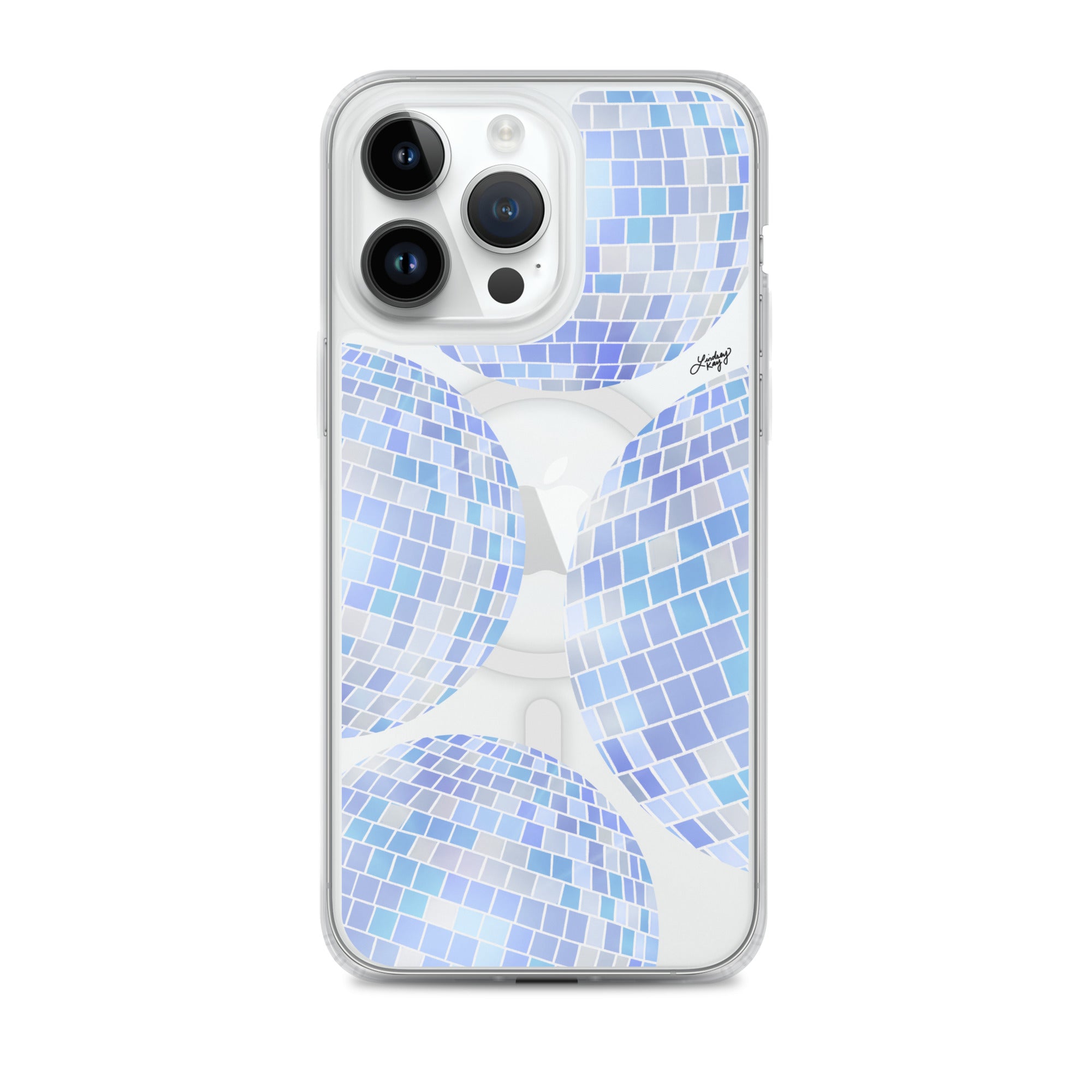 Clear iPhone case with hand-illustrated retro blue disco balls – durable MagSafe option by Lindsey Kay Collective