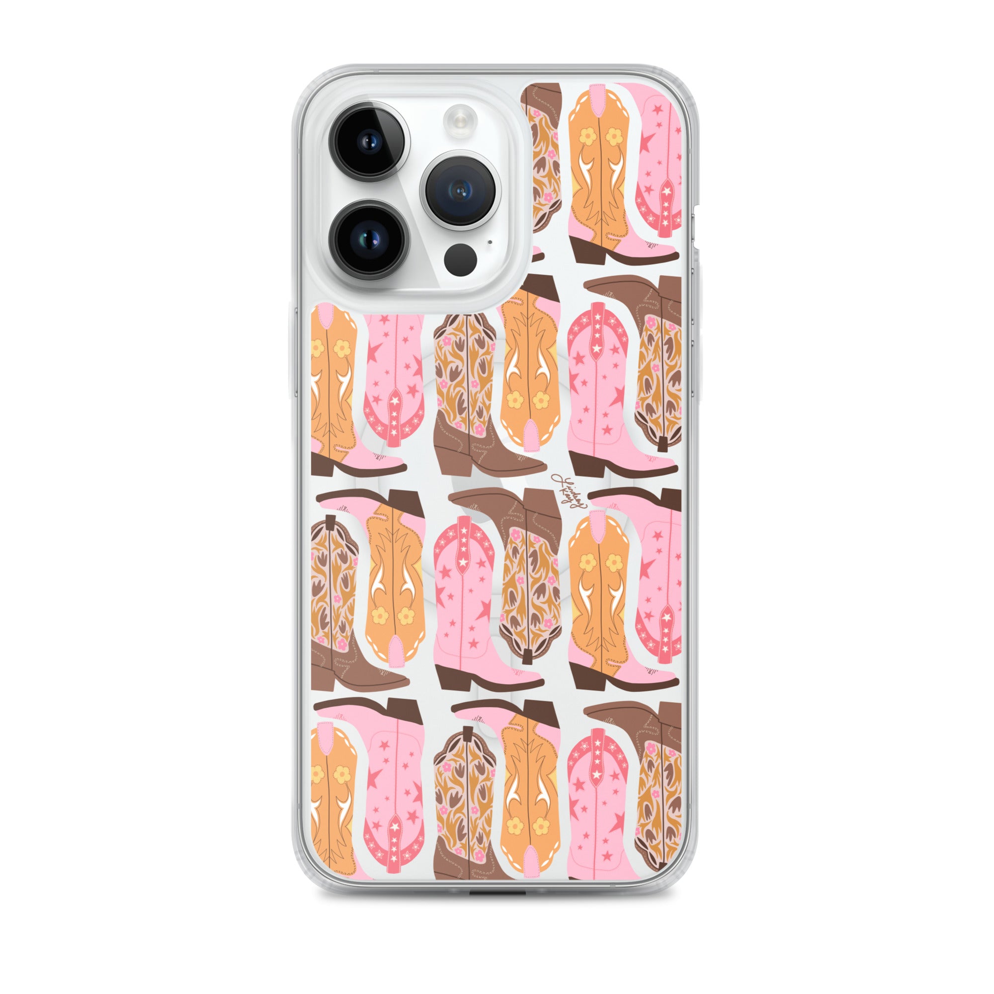 MagSafe iPhone case with pink, orange, and brown hand-illustrated cowgirl boots – Western-inspired protective phone case for country girls, rodeo style lovers, and trendy cowgirl aesthetic accessories