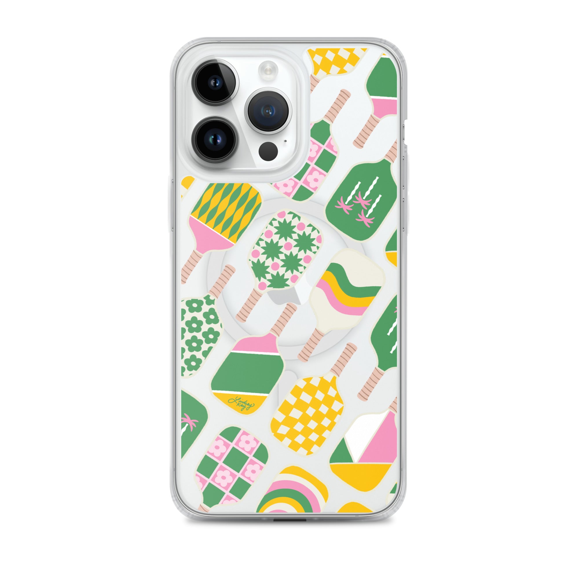 pink green yellow pickleball paddle pattern iphone case magsafe clear durable phone-case cute trendy sporty sorority girly retro lindsey kay collective