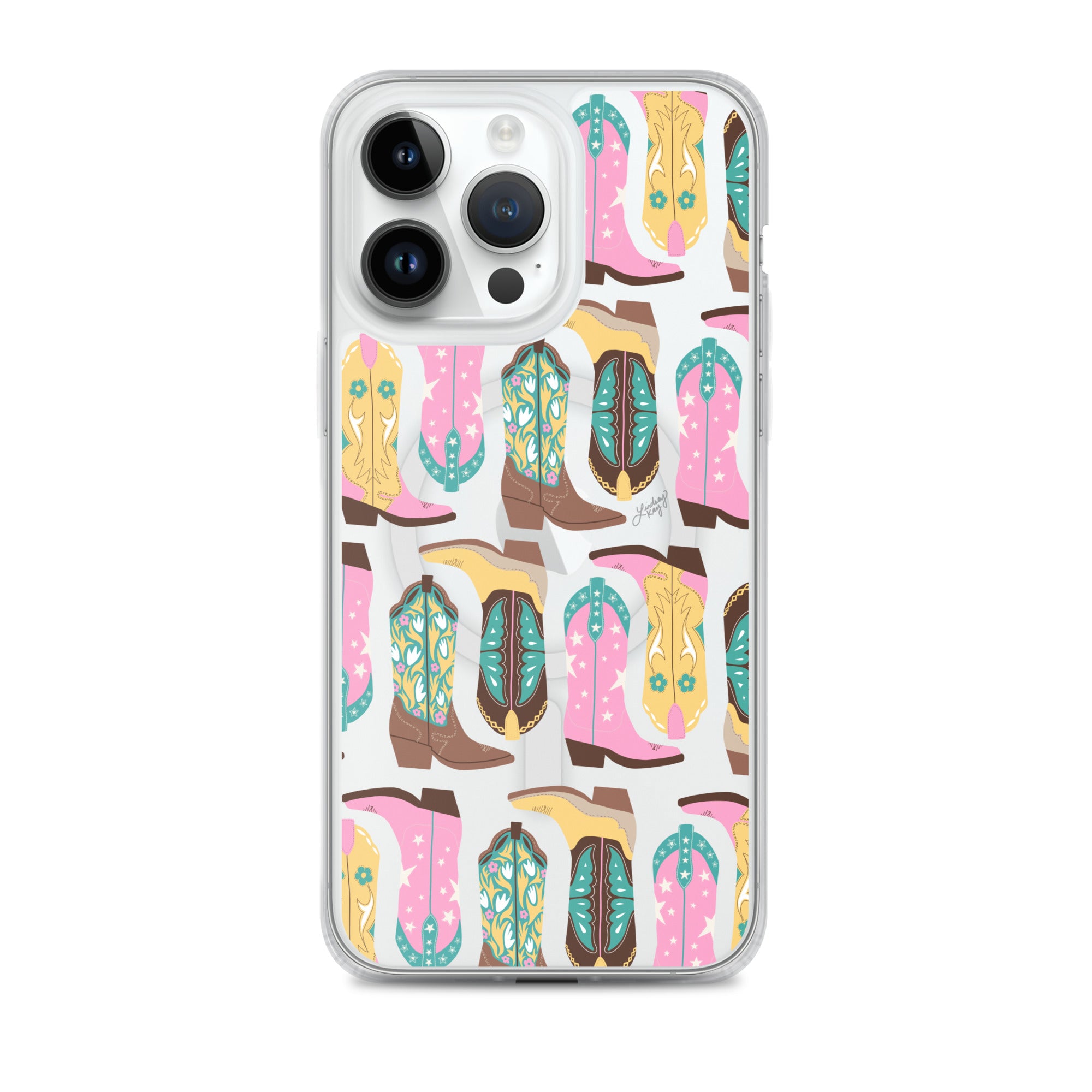 blue yellow turquoise pink cowboy cowgirl boots illustration pattern iphone case magsafe clear durable phone-case cute trendy country texas sorority girly yeehaw floral lindsey kay collective