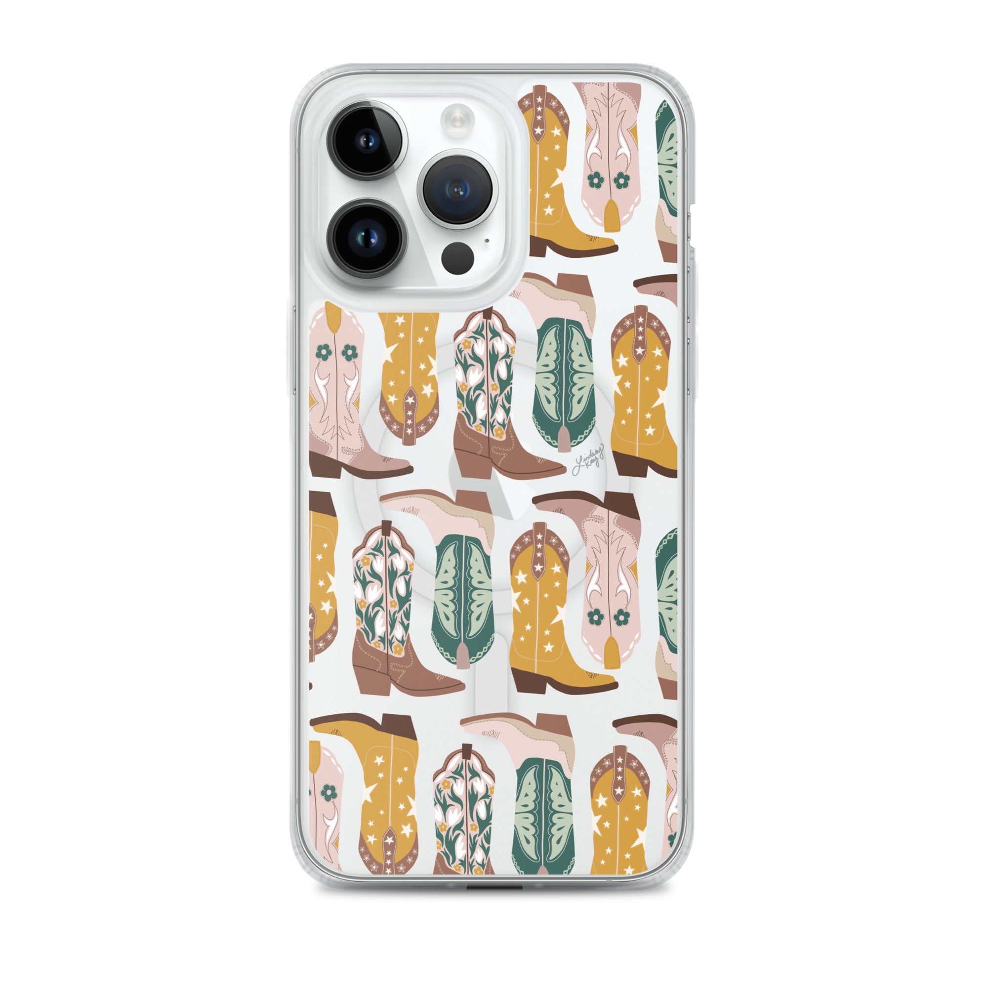 green yellow brown cowboy cowgirl boots illustration pattern iphone case magsafe clear durable phone-case cute trendy country texas sorority girly yeehaw floral lindsey kay collective