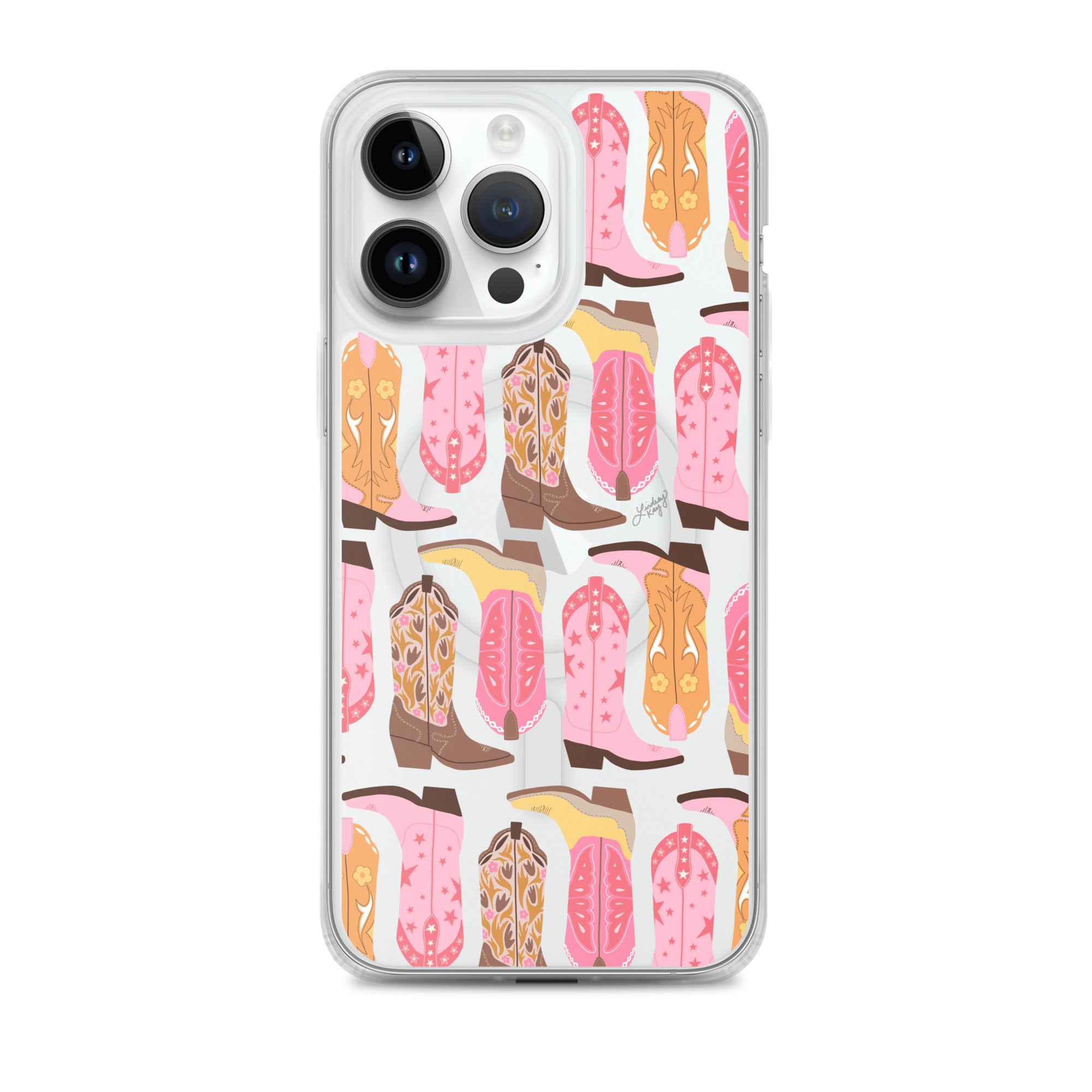 pink organge cowboy cowgirl boots illustration pattern iphone case magsafe clear durable phone-case cute trendy country texas sorority girly yeehaw floral lindsey kay collective