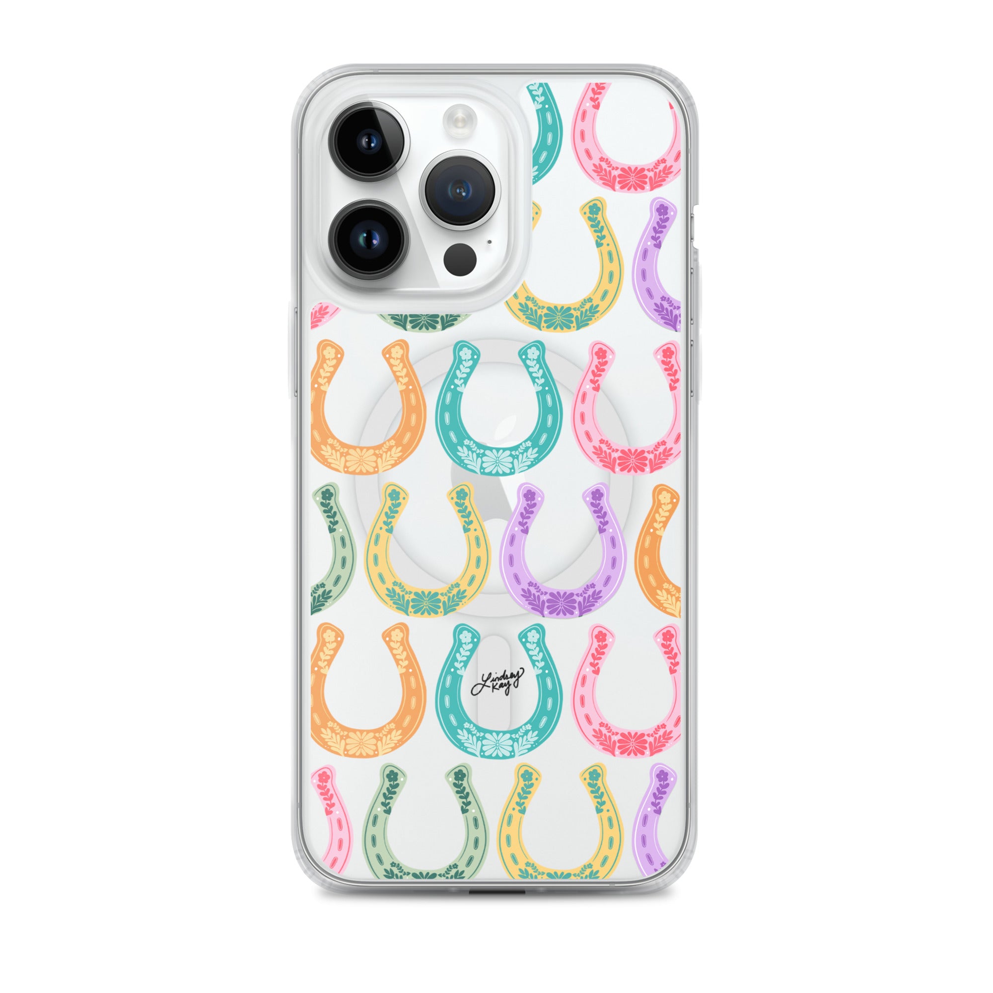 Clear iPhone case with hand-drawn in multiple colors western horseshoe pattern, designed by Lindsey Kay Collective. Cute and durable case for country girl style, available in all iPhone sizes.

