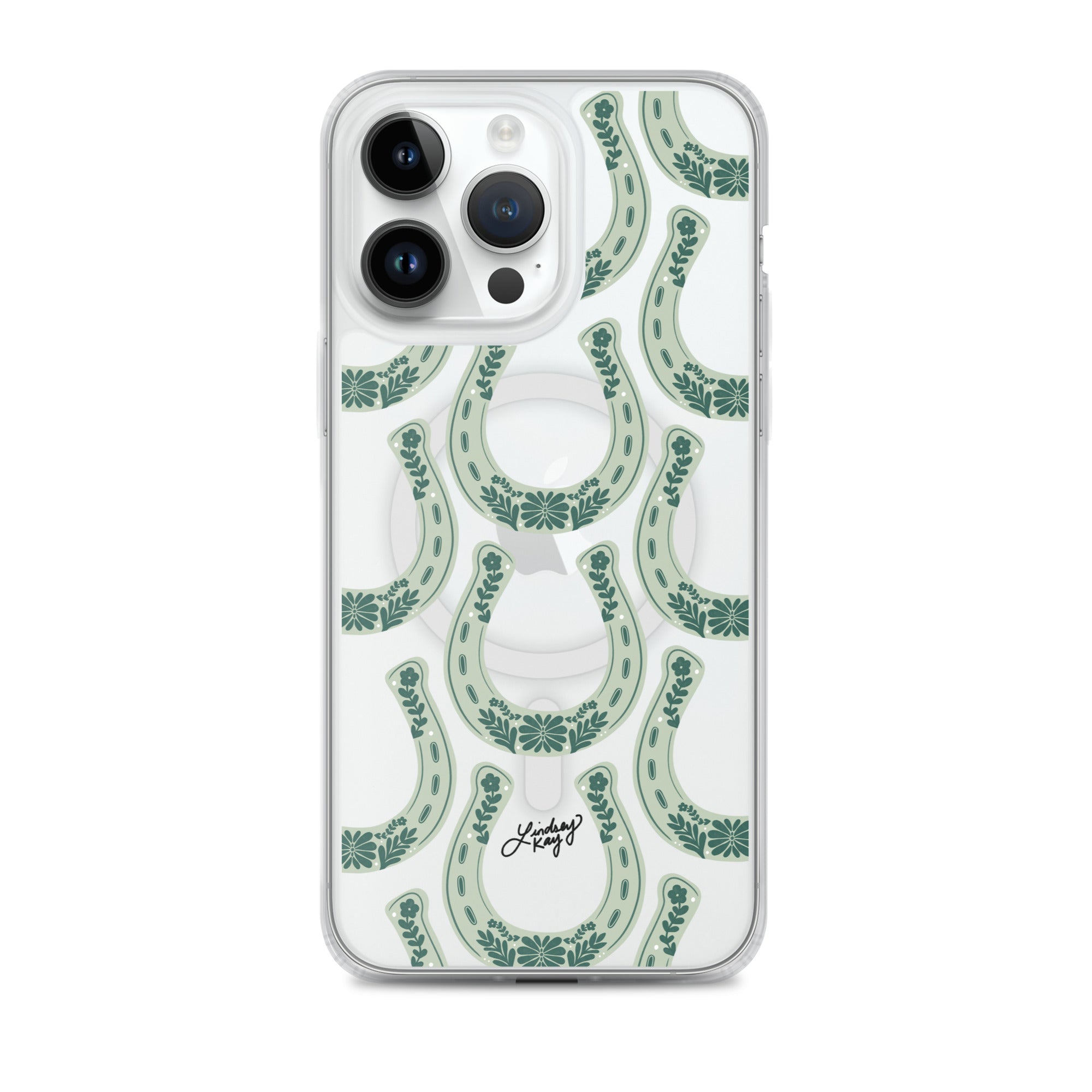 Clear iPhone case with hand-drawn green western horseshoe pattern, designed by Lindsey Kay Collective. Cute and durable case for country girl style, available in all iPhone sizes.

