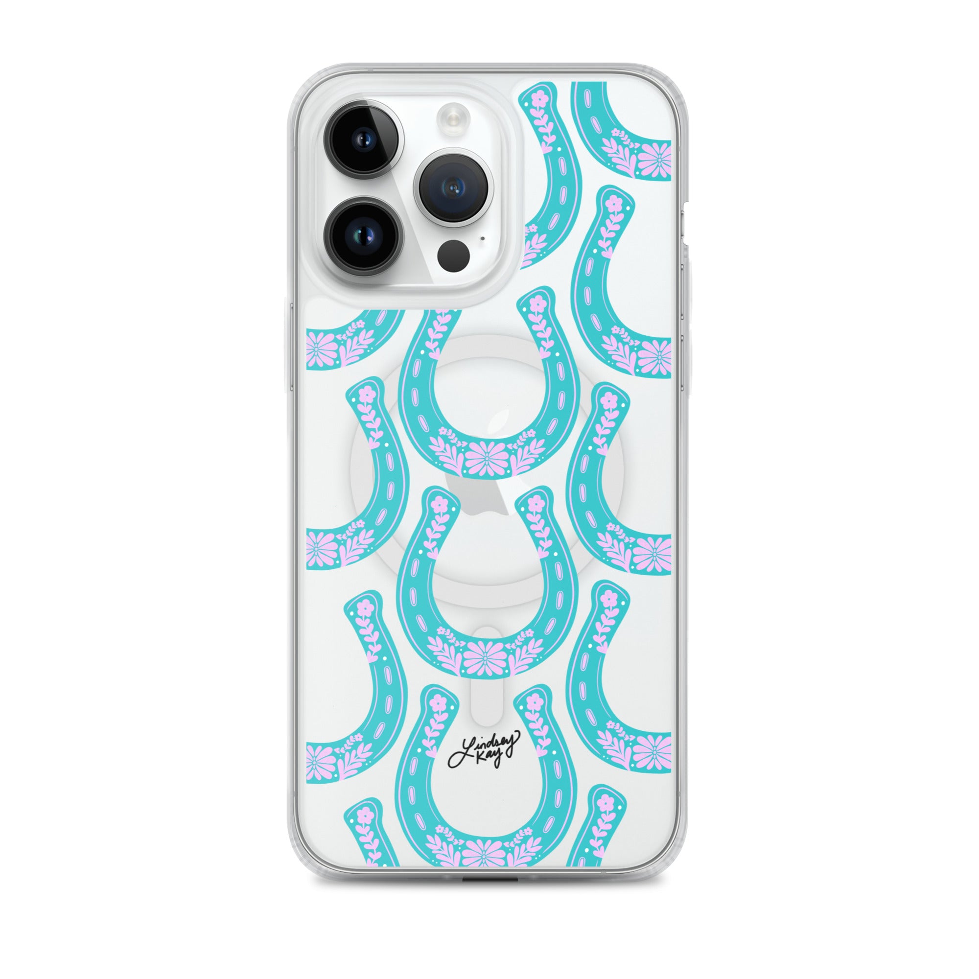 Clear iPhone case with hand-drawn turquoise and pink western horseshoe pattern, designed by Lindsey Kay Collective. Cute and durable case for country girl style, available in all iPhone sizes.

