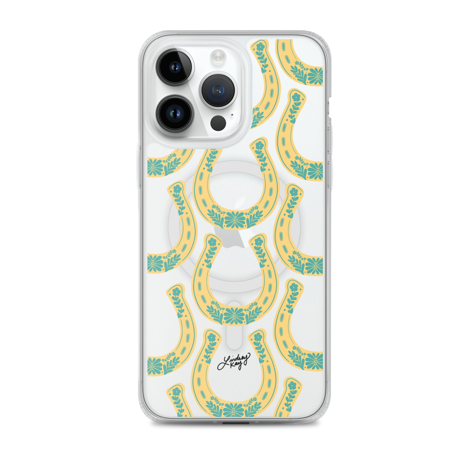Clear iPhone case with hand-drawn yellow and teal western horseshoe pattern, designed by Lindsey Kay Collective. Cute and durable case for country girl style, available in all iPhone sizes.