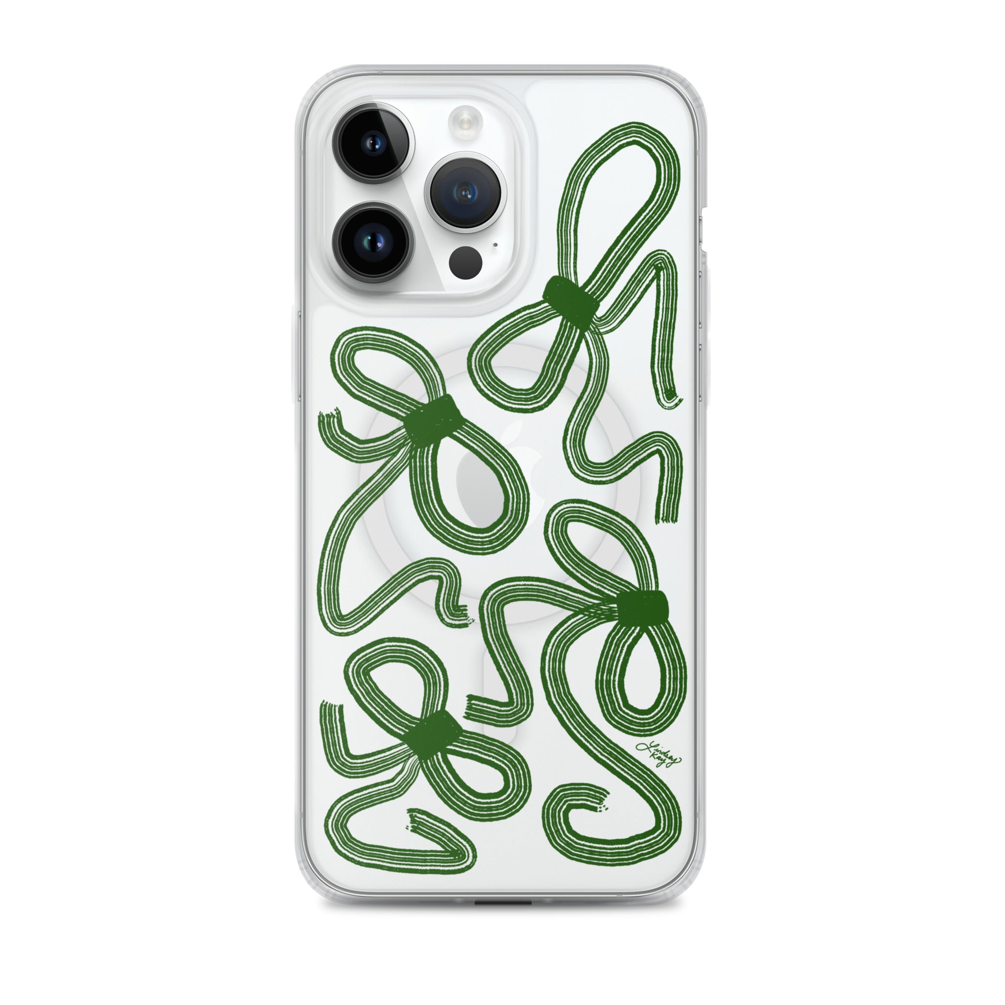 Hand-illustrated green ribbon iPhone case – coquette girly bow design on clear durable MagSafe case by Lindsey Kay Collective