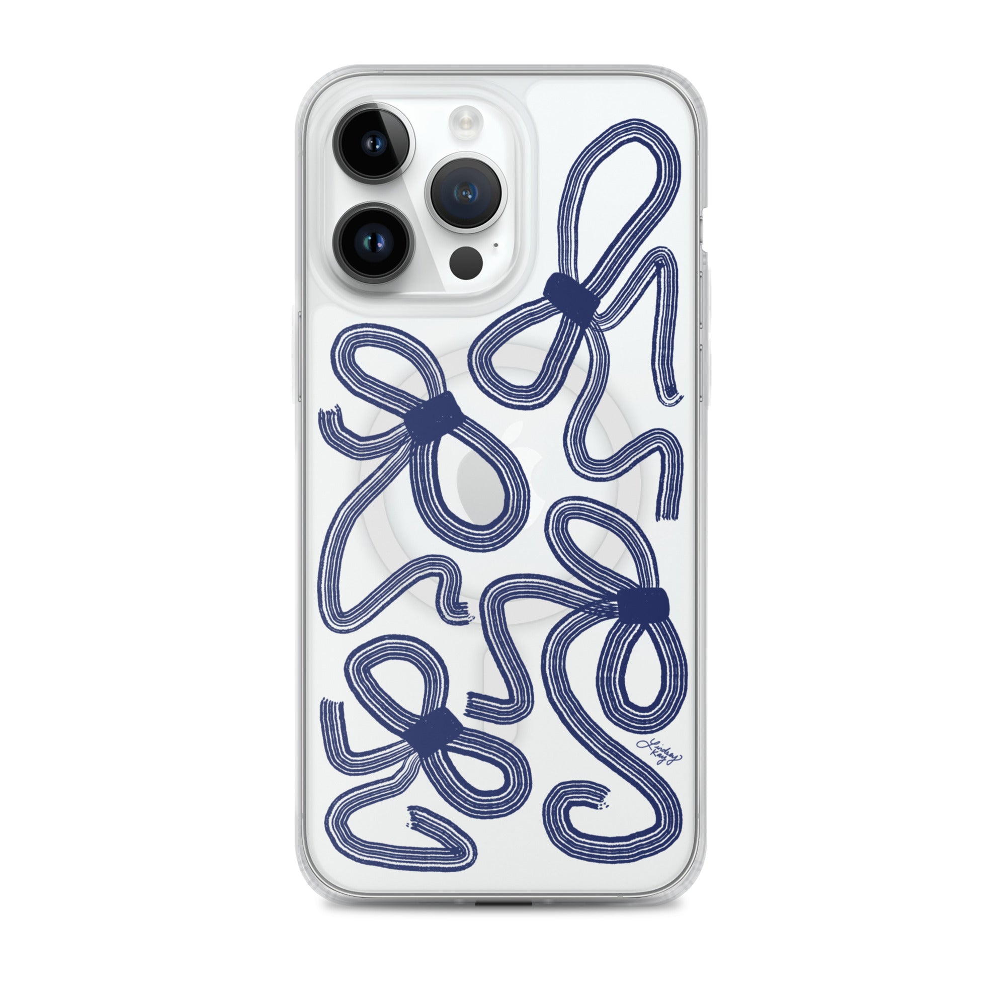 navy preppy ribbons bow illustration watercolor pattern cute coquette iphone magsafe case cover protective durable pretty trendy girly sorority lindsey kay collective 