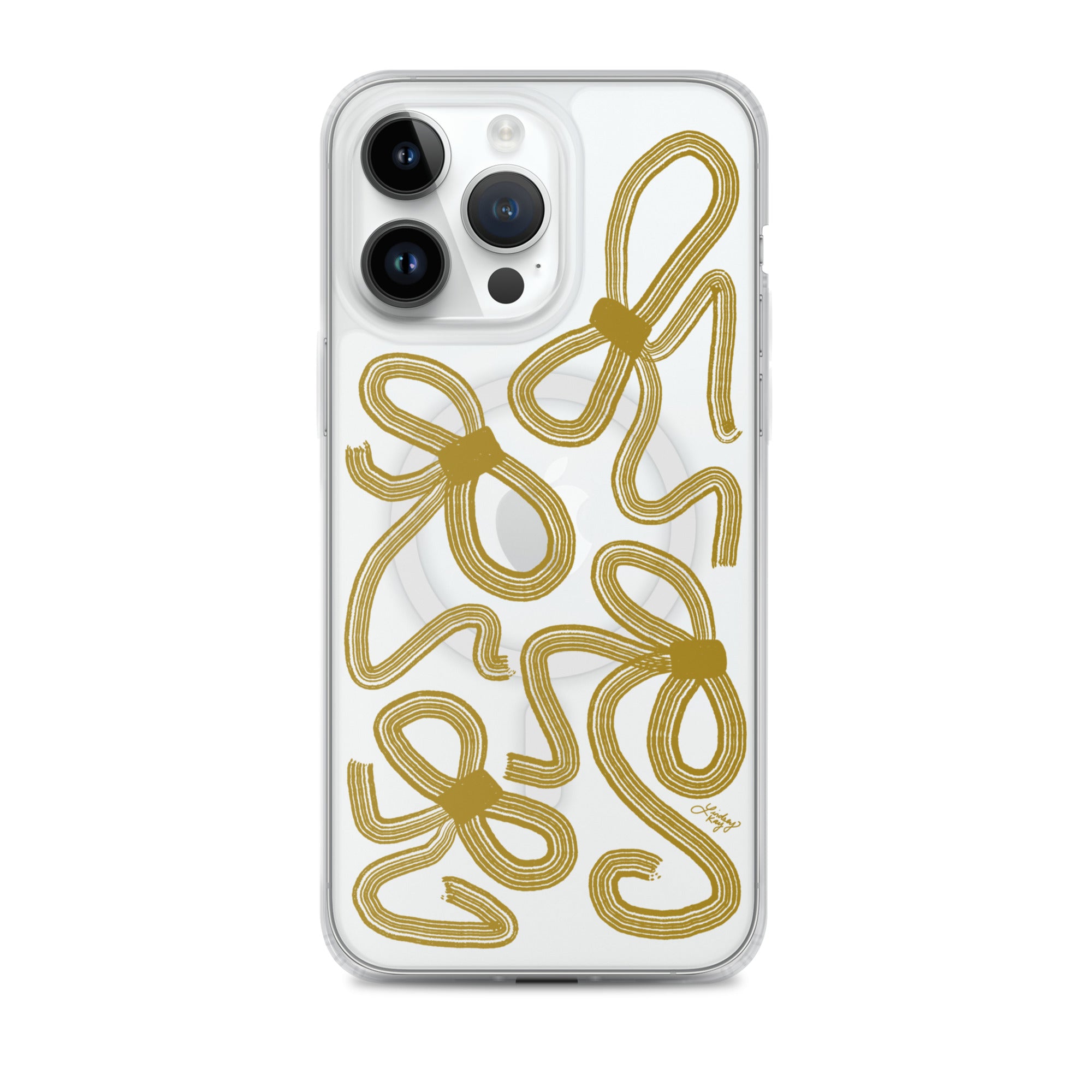 gold bow ribbons illustration watercolor pattern cute coquette iphone magsafe case cover protective durable pretty preppy trendy girly sorority lindsey kay collective 