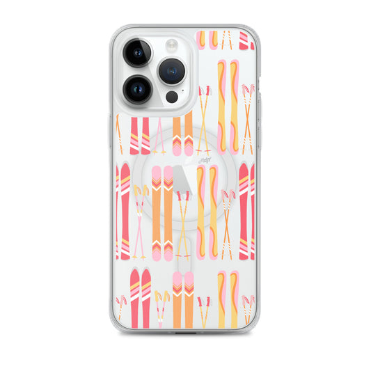 Retro Snow ski's illustration pattern iPhone MagSafe case phone cover durable clear protective skier mountain Colorado trendy outdoors sports Lindsey Kay collective iPhone 14 Pro Max pink orange yellow